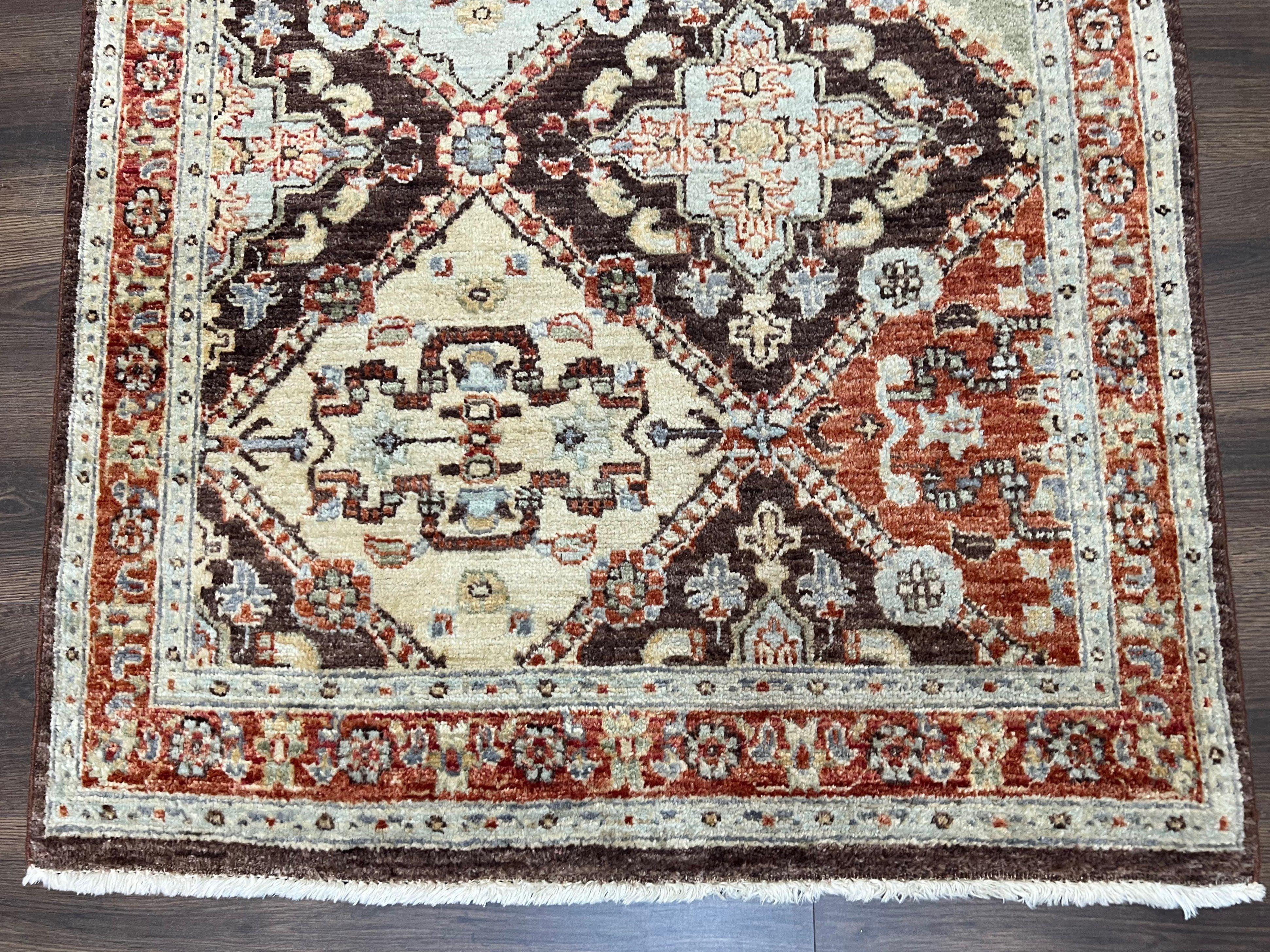 Indo Persian Rug 3.7 x 5.7, Multicolor Diamond Panel, Hand Knotted Wool Rug, Entryway Foyer Rug, Brown and Cream, Indian Oriental Carpet 4x6 - Jewel Rugs