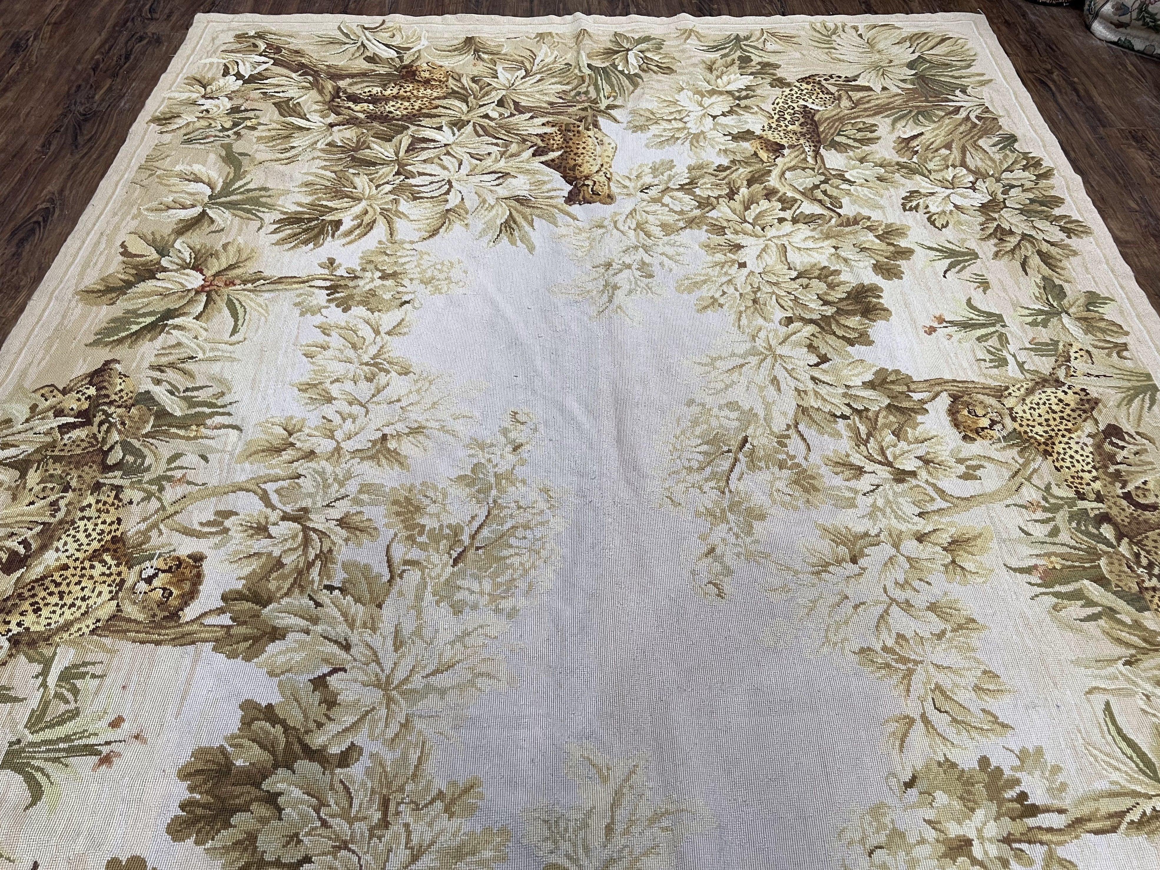 Aubusson Rug 6x9 French Aubusson Carpet, Flatweave Rug, Leopards and Flowers, Elegant Carpet, European Design, Wool Handwoven, Ivory Beige - Jewel Rugs