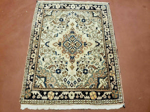Small Persian Rug 2.4 x 3, Tiny Persian Sarouk Carpet, Cream Navy Blue, Floral Medallion, Vintage Wool Rug, Handmade Hand-Knotted Oriental Rug - Jewel Rugs
