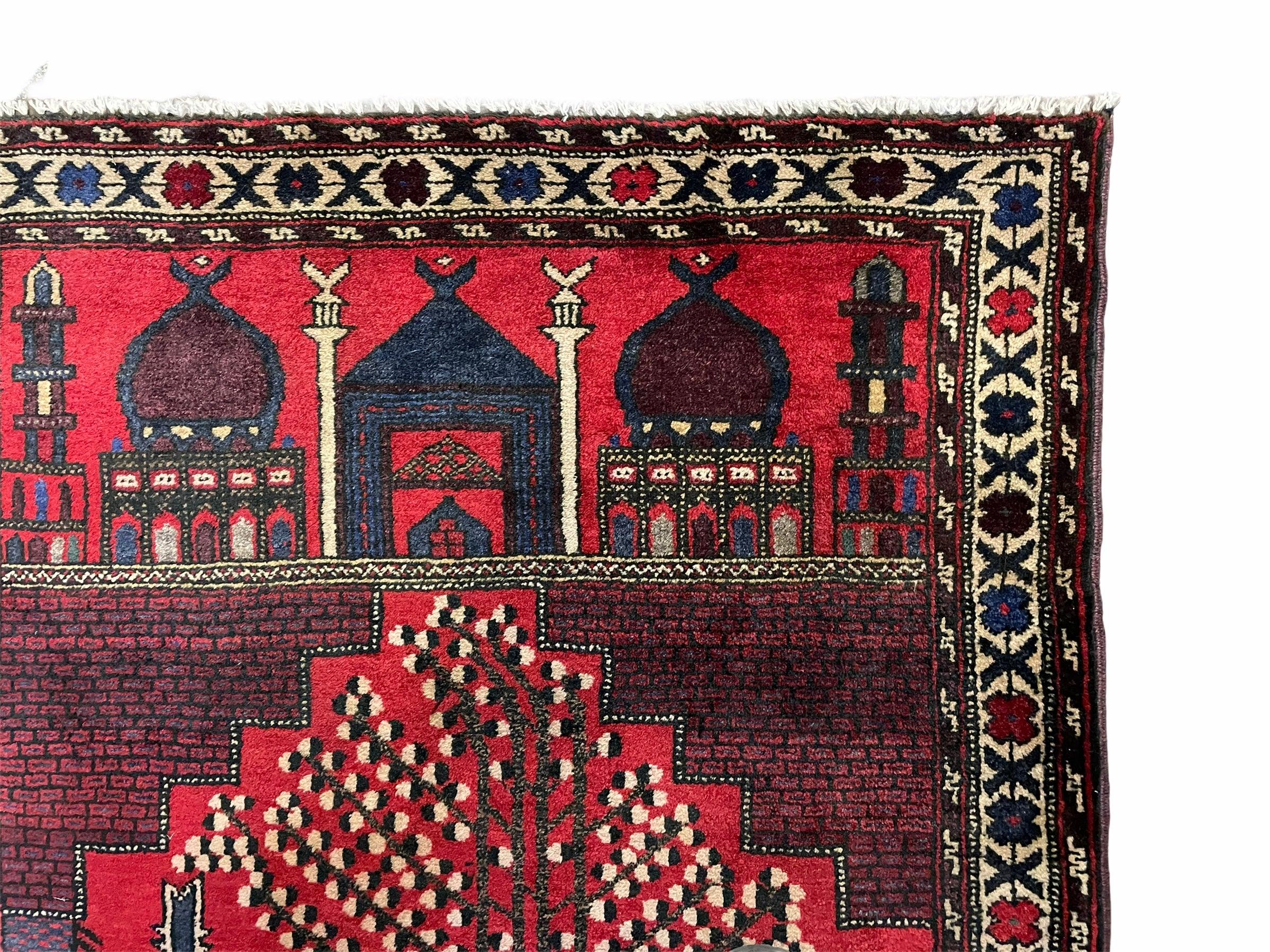 3x5 New Vintage Handmade Tribal Balouchi Rug Organic Dyes Red Buildings Nature - Jewel Rugs