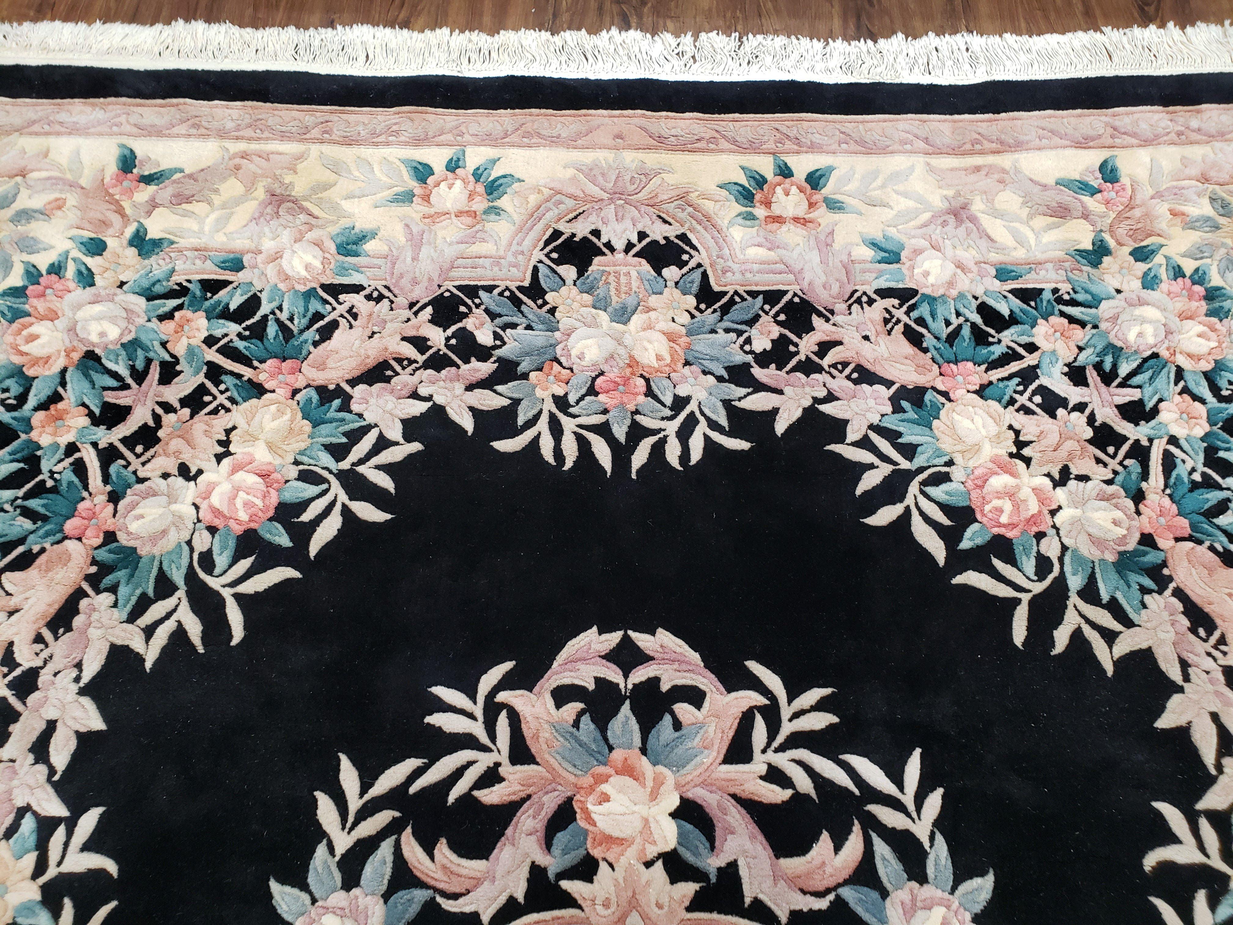 Vintage Chinese Carving Rug, Piled Aubusson Style Area Rug, 8x11 - 9x12 Area Rugs, Wool Hand-Knotted Black Deco Carpet Plush Living Room Rug - Jewel Rugs