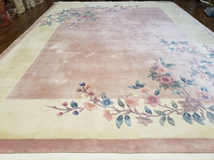 9' X 12' Handmade Art Deco Aubusson Wool Rug 90 Lines Chinese Plush Pile Pink - Jewel Rugs