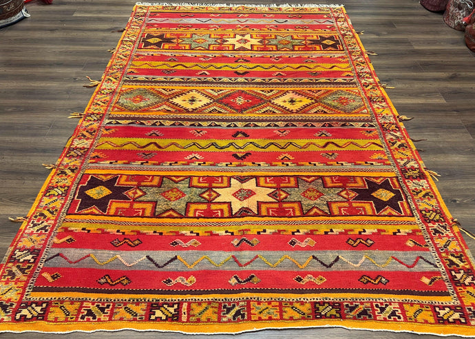 Unique Moroccan Rug 7x10, Room Sized Carpet, Red Orange Gray, Wool Oriental Striped Geometric Tribal Boho Rug, Flatweave with Raised Pile - Jewel Rugs