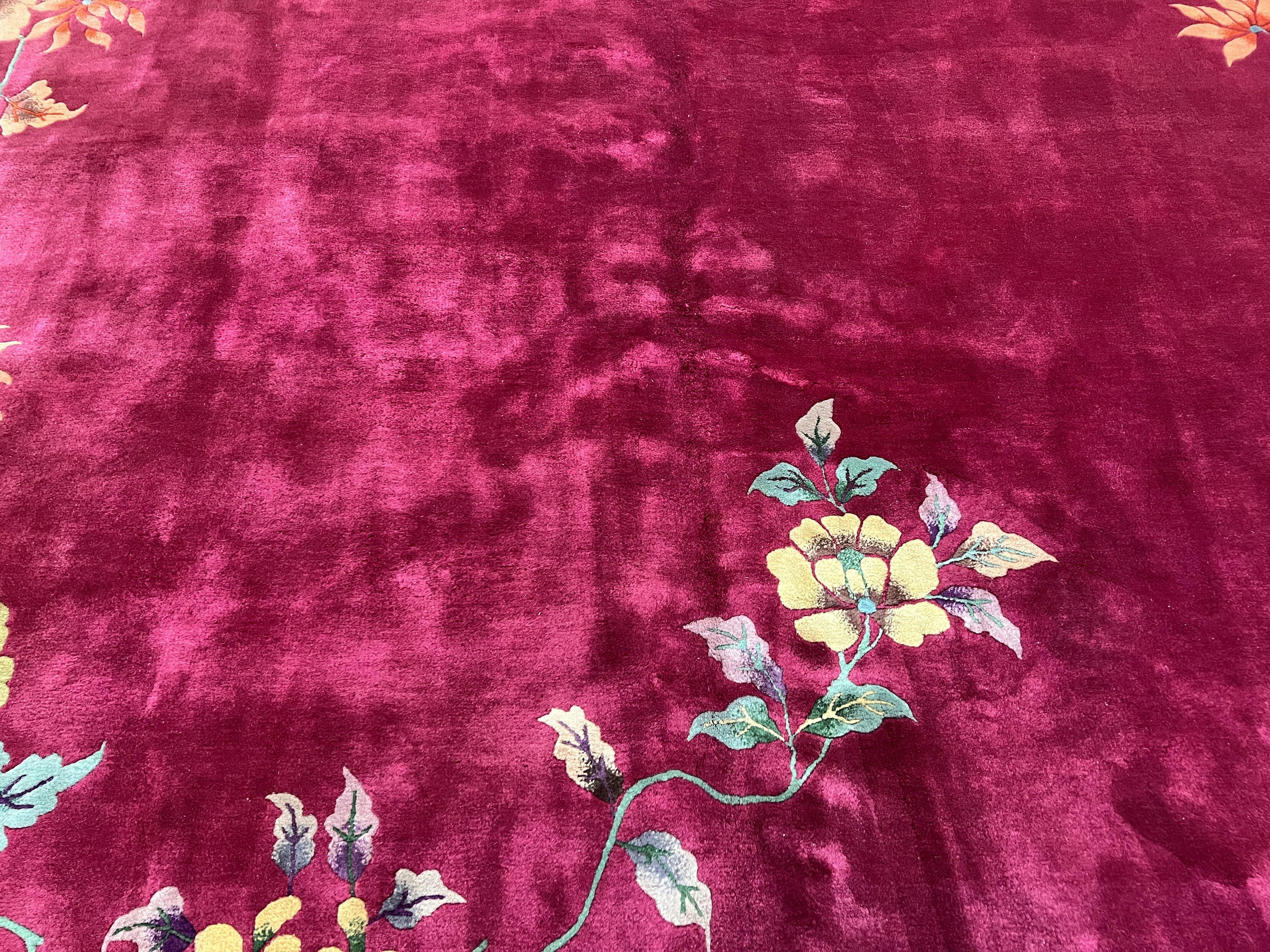 Antique Chinese Art Deco Rug 8.9 x 11.5, Chinese Nichols Carpet Purple/Red, Hand Knotted Wool Area Rug 9x12 Open Field Simple Design Flowers - Jewel Rugs