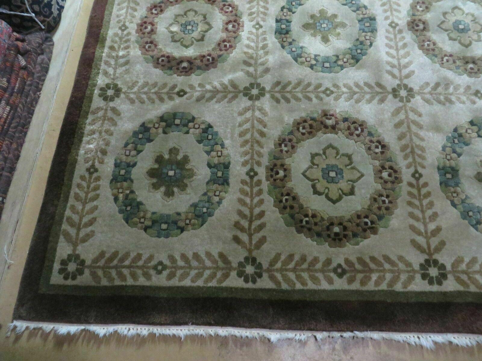 9' X 12' Modern Handmade Indo Lahore Wool Rug Art Deco Olive Ivory Nice Wow - Jewel Rugs