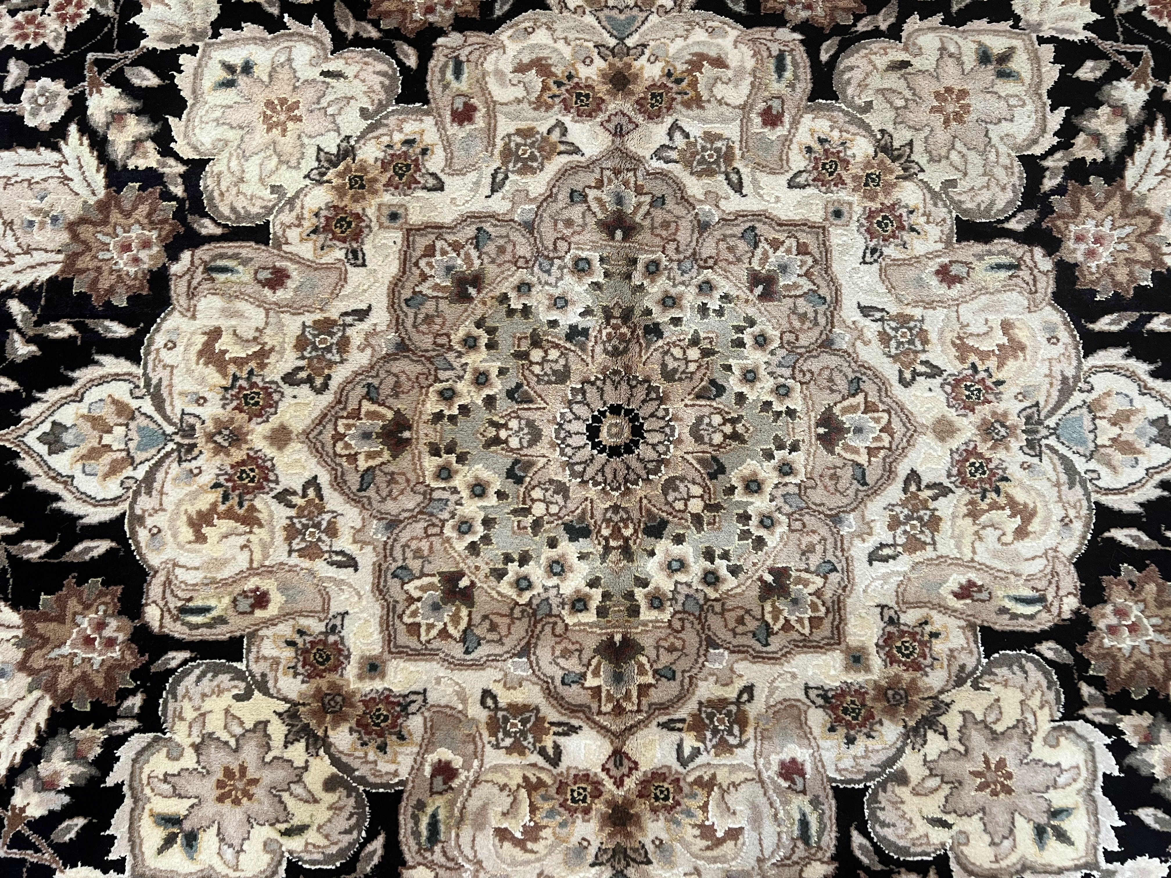 Indo Persian Rug 8x10, Elegant Floral Medallion Indian Oriental Carpet, Wool and Silk, Black and Beige, Hand Knotted Vintage Room Sized Rug - Jewel Rugs