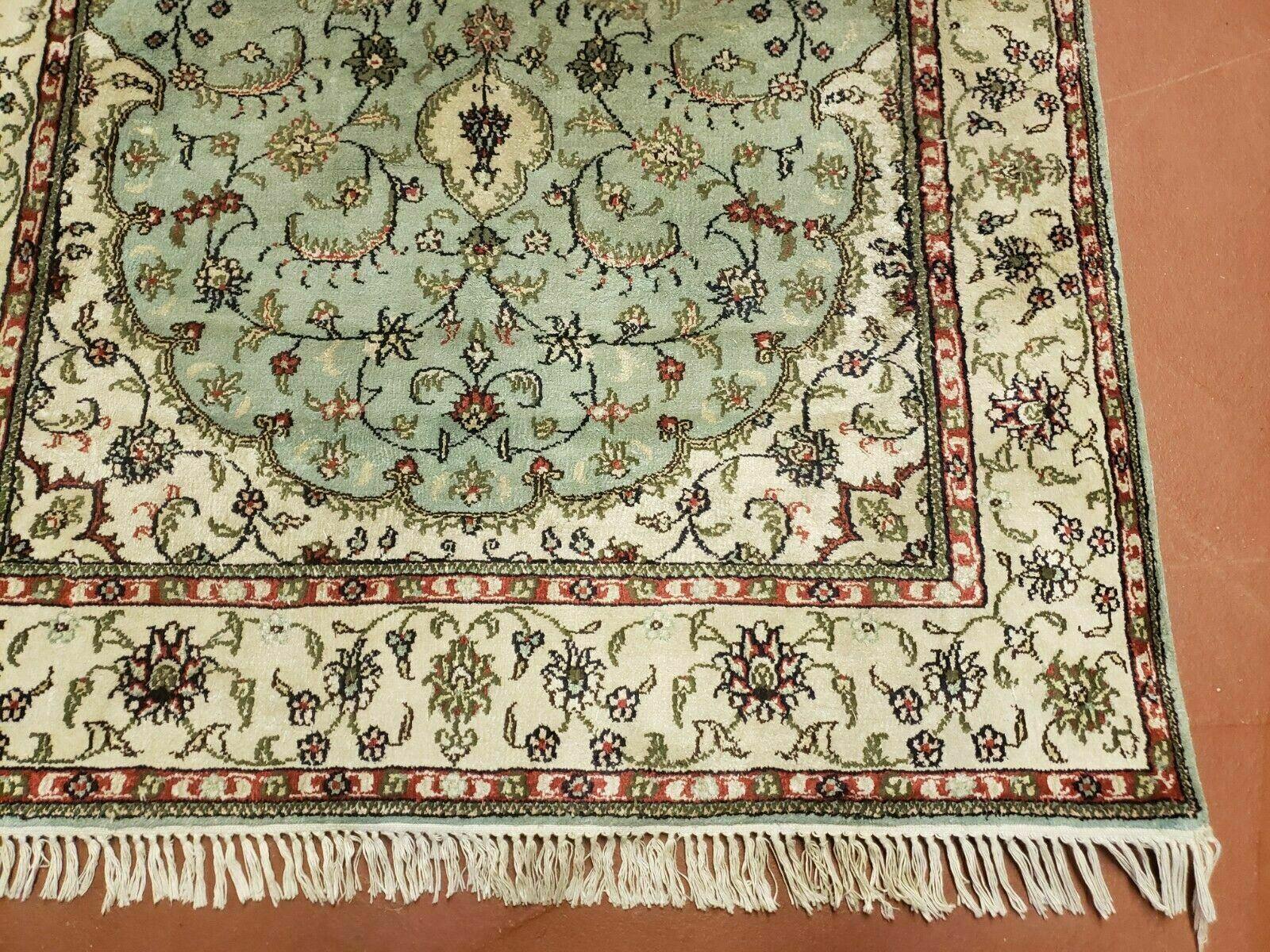 Silk Turkish Kayseri Rug 3x5, Light Mint Green and Ivory, Vintage Fine Silk Hand Knotted Oriental Carpet 3 x 5 ft, Floral Medallion, Nice - Jewel Rugs