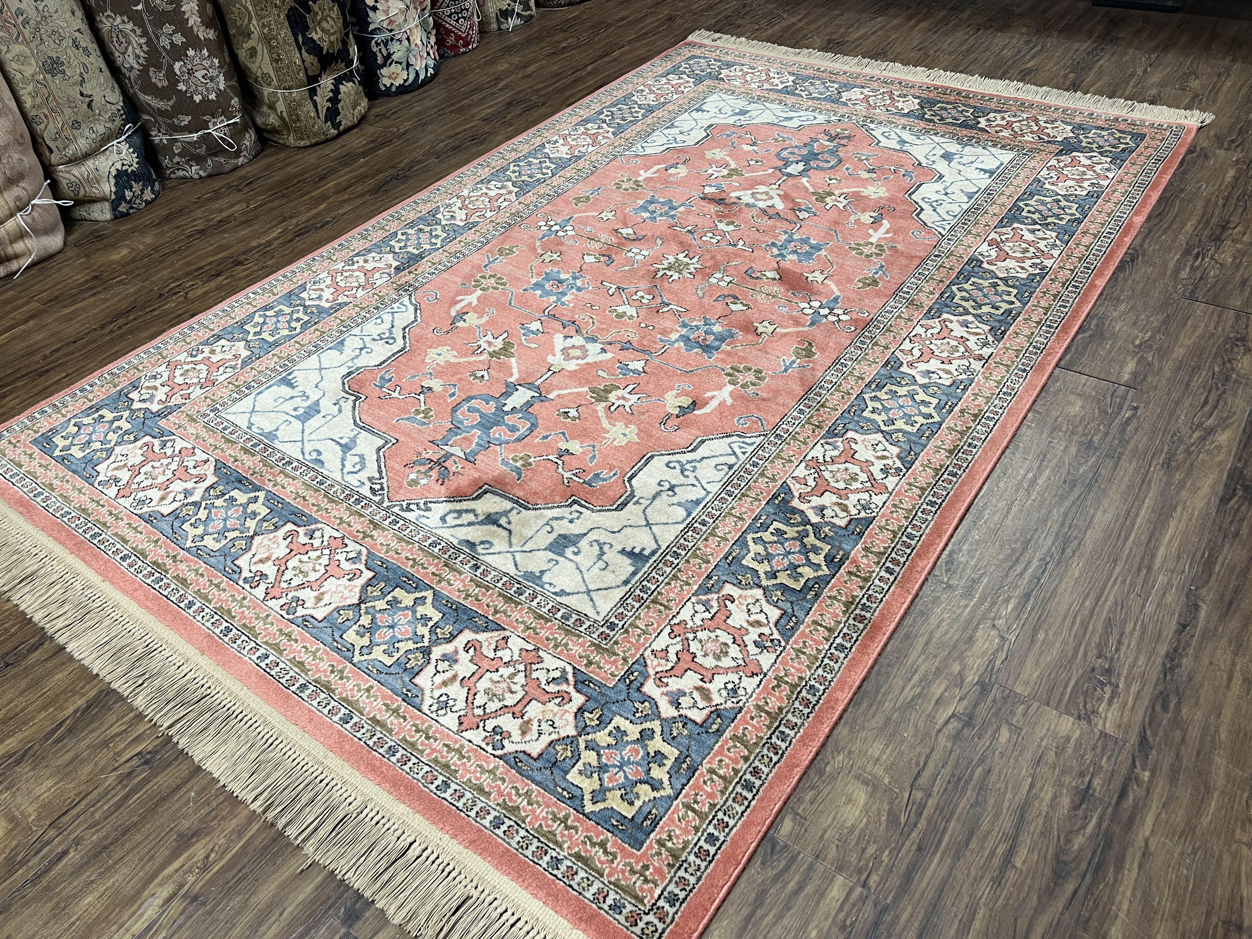 Karastan Rug 5.9 x 9 Bergama Design #737, Wool Karastan Area Rug, Vintage Carpet 6x9, Original Collection 700 Series, Salmon Red Light Blue - Jewel Rugs