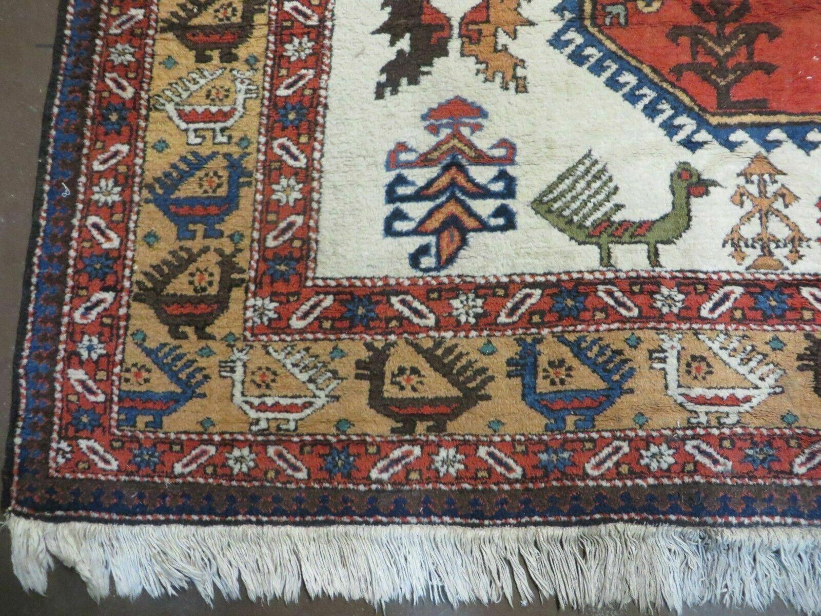 7' X 10' Vintage Handmade Knotted Turkish Wool Rug Birds Animal Ivory Organic - Jewel Rugs