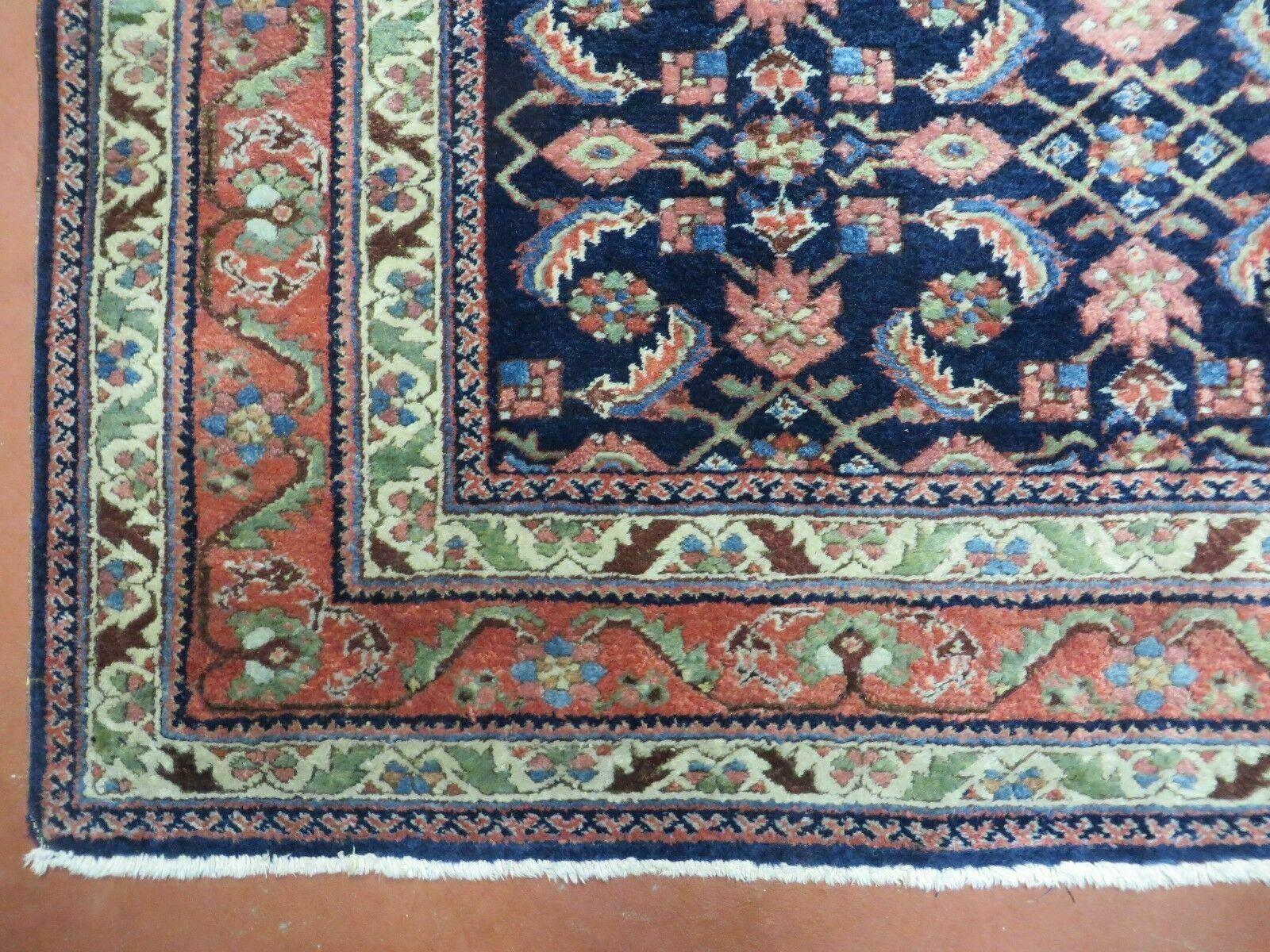 Antique Persian Lilihan Rug 5x7, Wool Hand Knotted Oriental Carpet 5 x 7 ft, Herati Pattern Navy Blue & Red-Orange Medium Sized Handmade Vintage Rug - Jewel Rugs