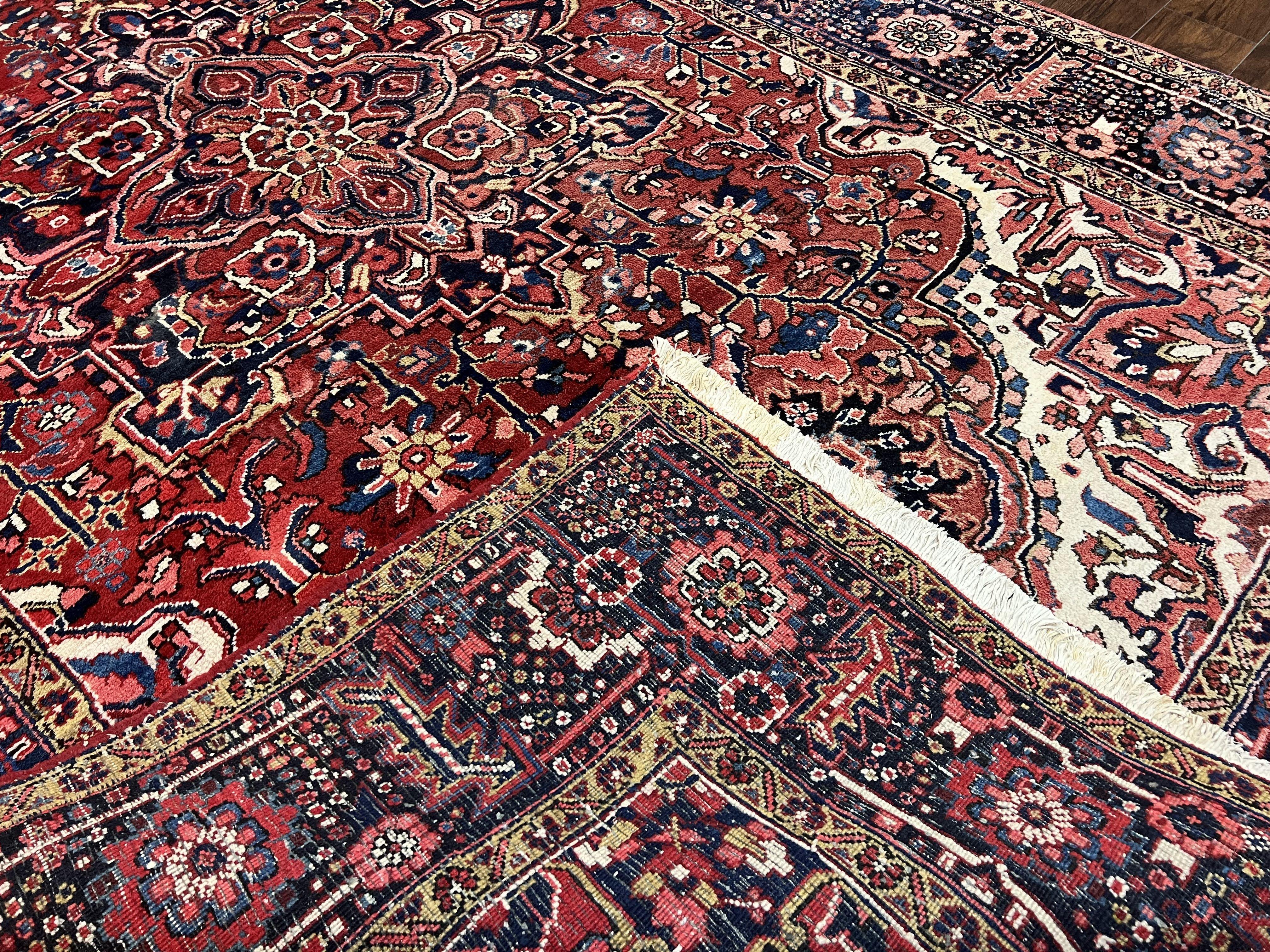 Persian Heriz Rug 8x12, Vintage Geometric Medallion Carpet, Semi Antique Wool Handmade Room Sized Oriental Rug 8 x 12, Red Dark Blue Ivory - Jewel Rugs