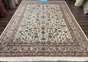 Sino Persian Rug 9x12, Ivory Light Taupe Hand Knotted Room Sized Oriental Carpet 9 x 12, Allover Floral, Wool with Silk Highlights, Vintage - Jewel Rugs