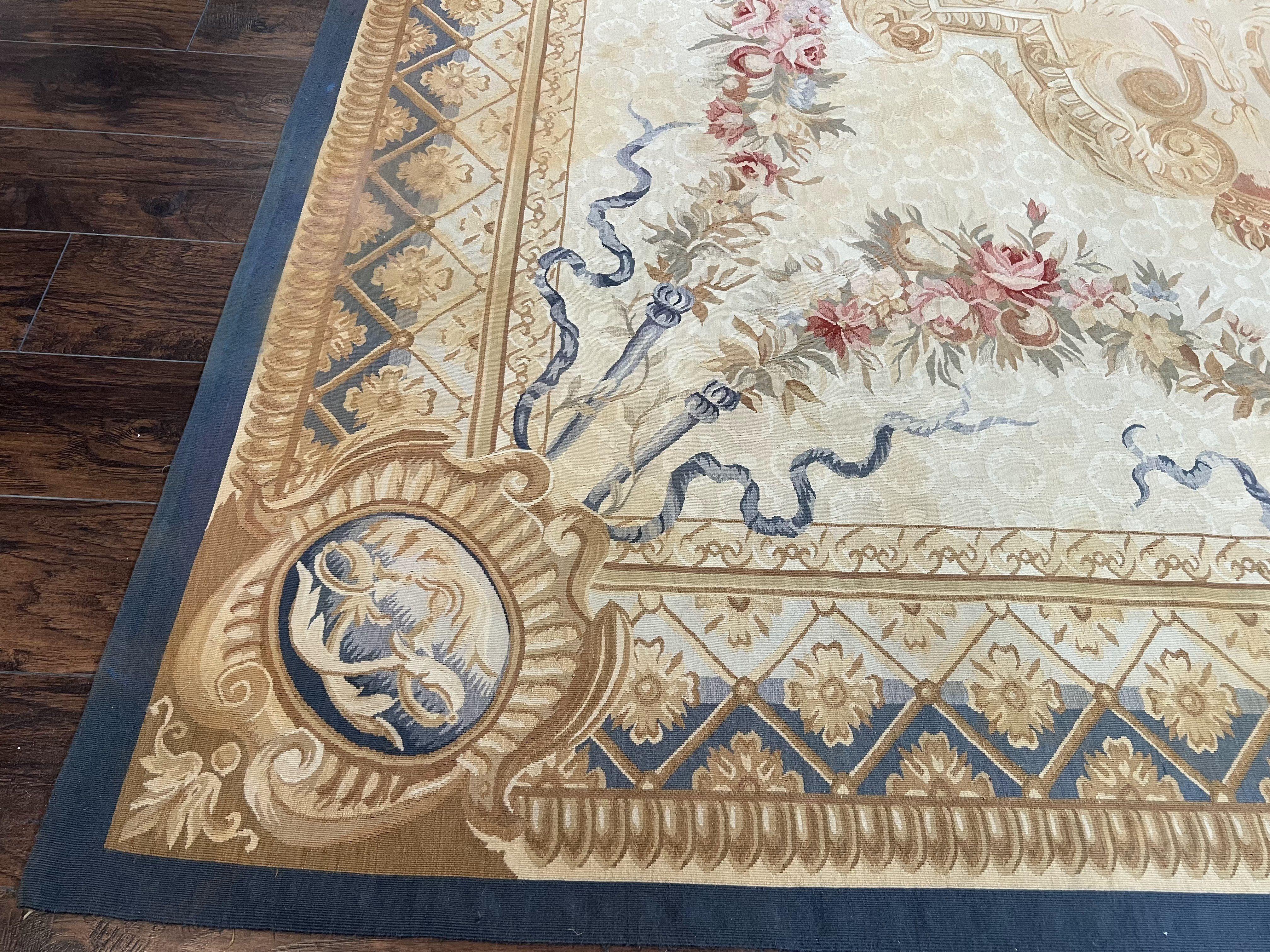 Chinese Aubusson Rug 10x14, Elegant Flatweave Rug, Hand Woven Aubusson Savonnerie Carpet, Vintage Aubusson Rug, Beige and Blue Wool Aubusson - Jewel Rugs