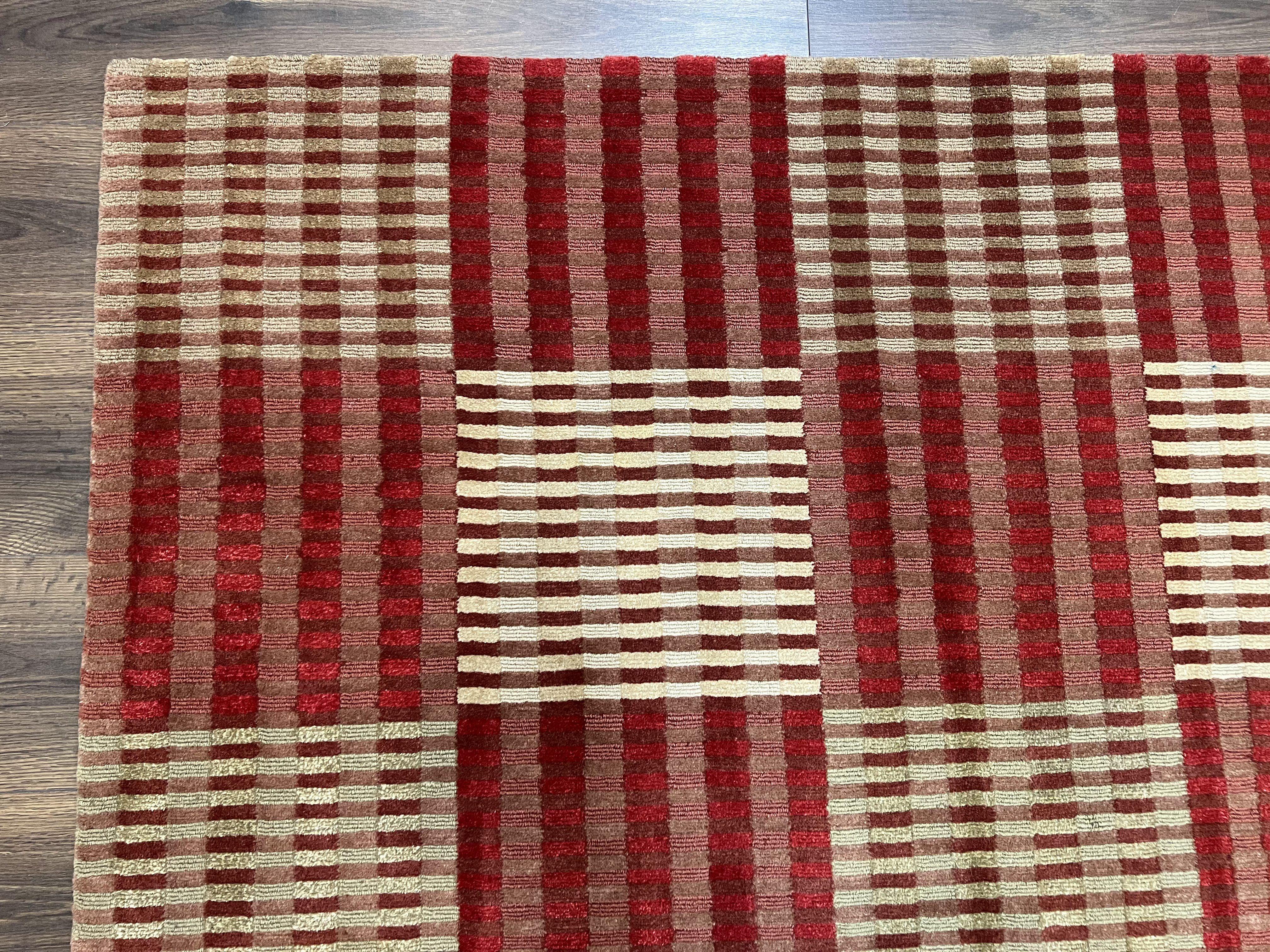 Modern Tibetan Rug 8x10, Hand Knotted Contemporary Nepali Carpet 8 x 10, Checkerboard Design, Red Cream Light Brown, Very Fine Wool & Silk - Jewel Rugs