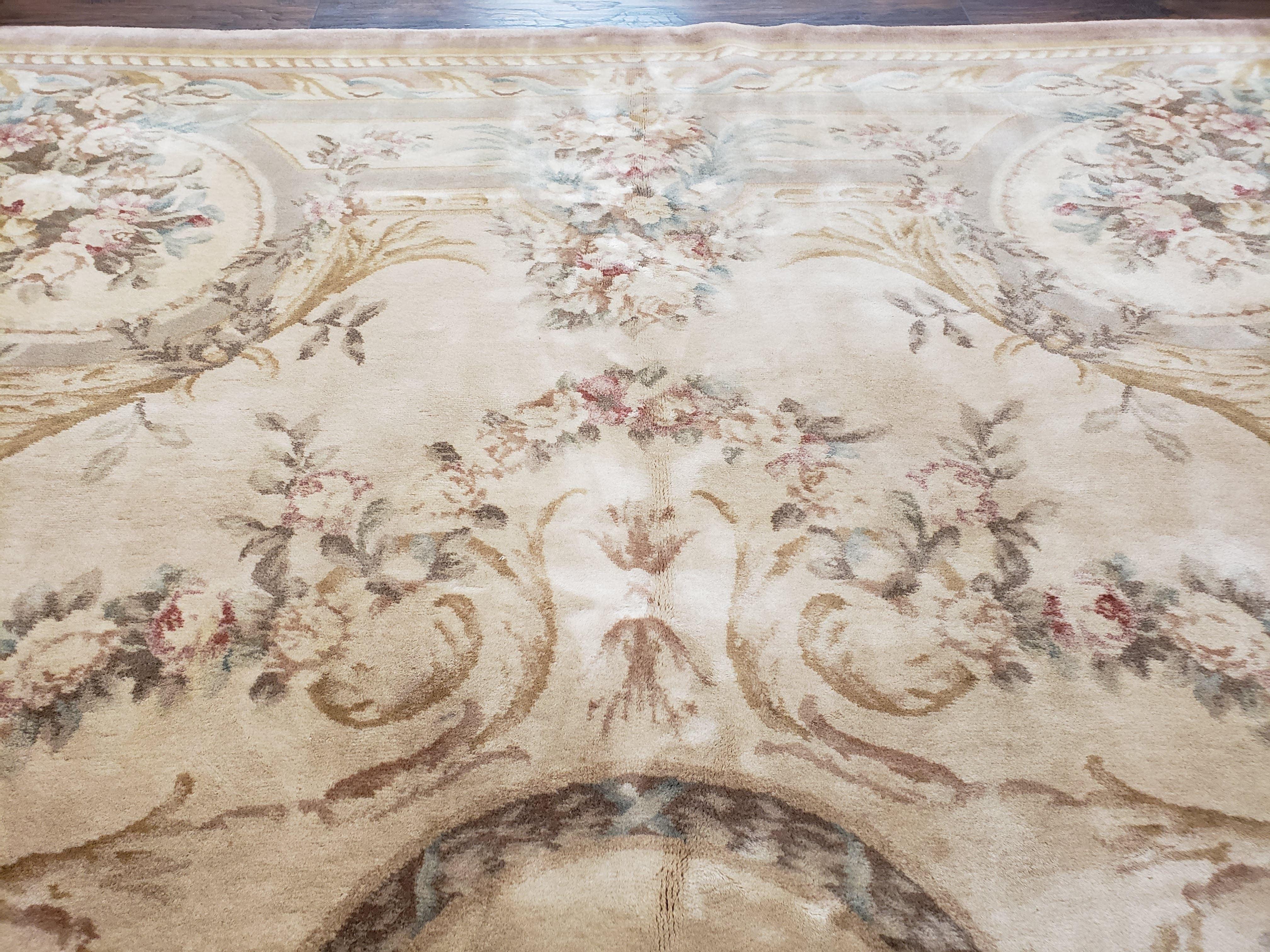 Vintage Chinese Aubusson Savonnerie Room Sized Rug 9.6 x 13.4, Wool Hand-Knotted Beige Carpet, 10x13 10x14 9x13 European Design, Living Room - Jewel Rugs