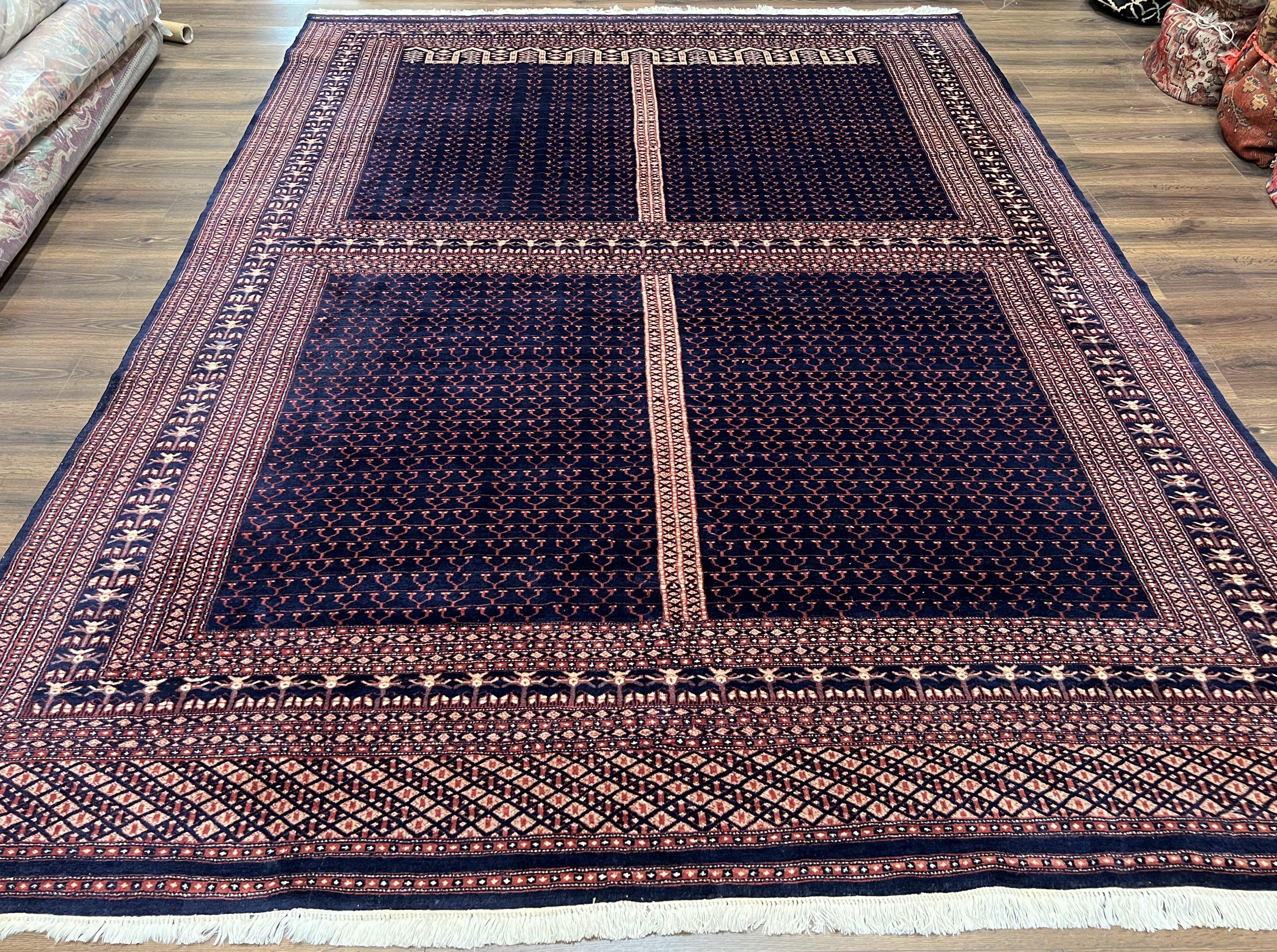 Pakistani Rug 8x11, Hand Knotted Wool Carpet, Navy Blue Red Beige, Four Season Hatchli Design, 8 x 11 Vintage Fine Oriental Rug, Room Sized - Jewel Rugs