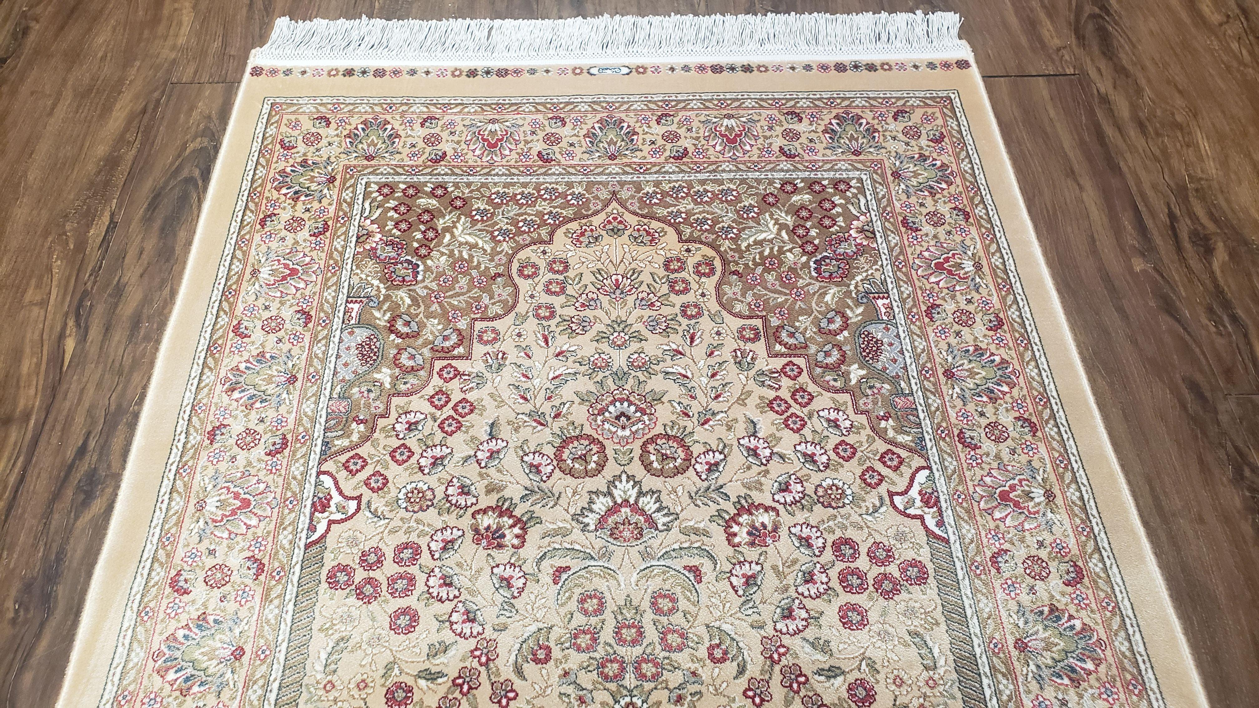 Small Silk Accent Rug Tan, Flowers Persian Vase, Brown, Super Soft Carpet, Mint Condition, New, Bamboo Silk, 2.8 x 4.1 ft, Wall Hanging - Jewel Rugs