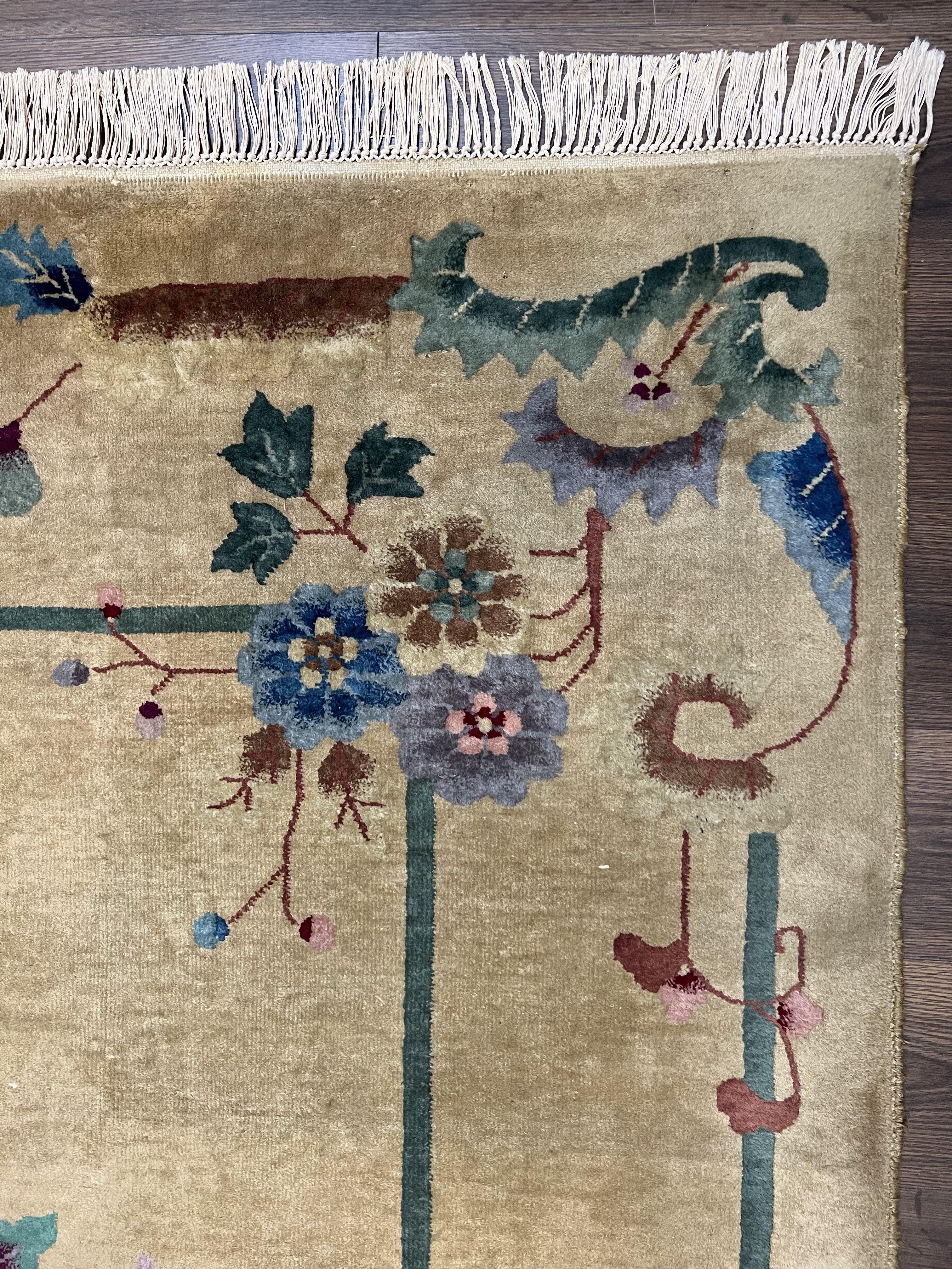 Chinese Art Deco Rug 9x12, Antique Nichols Carpet 9 x 12 ft, Peking Rug, Large Asian Oriental Room Sized Rug, Semi Open Field, Wool Handmade - Jewel Rugs