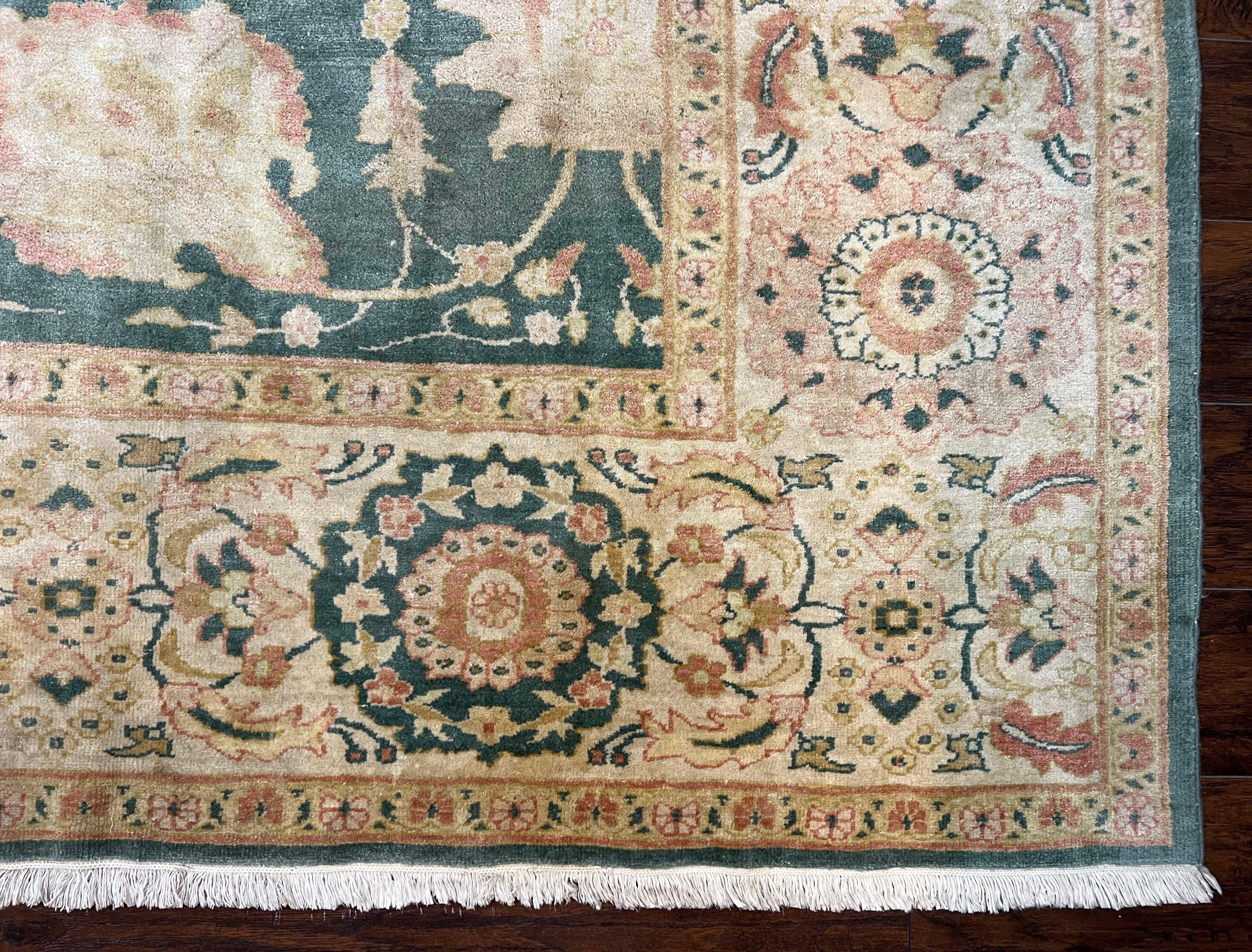 Egyptian Mahal Rug 10x14, Large Vintage Floral Hand Knotted Wool Carpet 10 x 14, Dark Green and Beige Traditional Handmade Persian Area Rug - Jewel Rugs