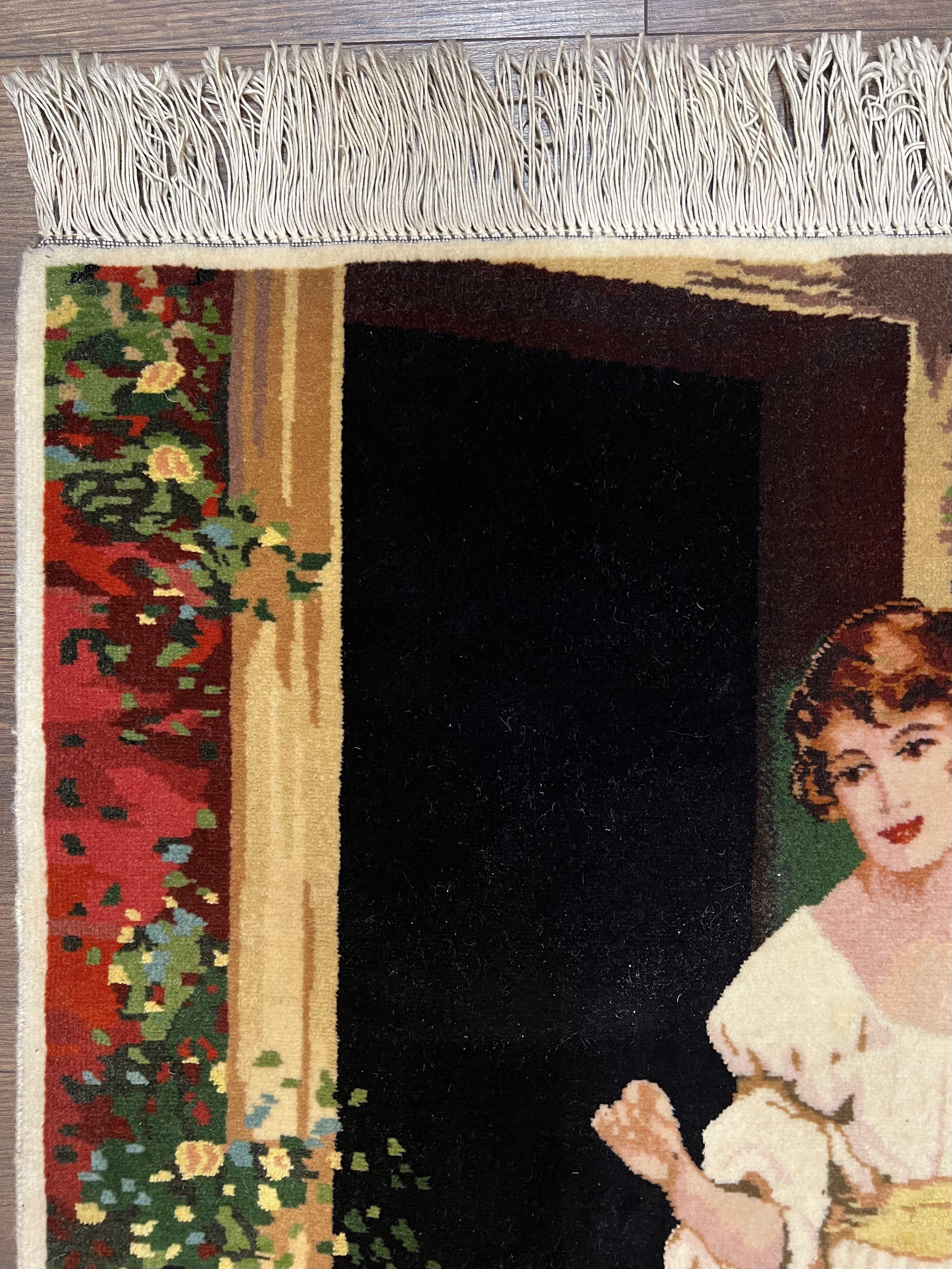 Persian Tabriz Pictorial Rug 2x3, Fine High KPSI Pictorial Carpet, Lady in Front of Home with Chickens 2 x 3 ft Oriental Rug Vintage Handmade Wool - Jewel Rugs