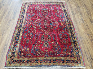 Antique Persian Sarouk Rug, Red, Allover Floral Pattern, Hand-Knotted, Wool, 3'4" x 4'11" - Jewel Rugs