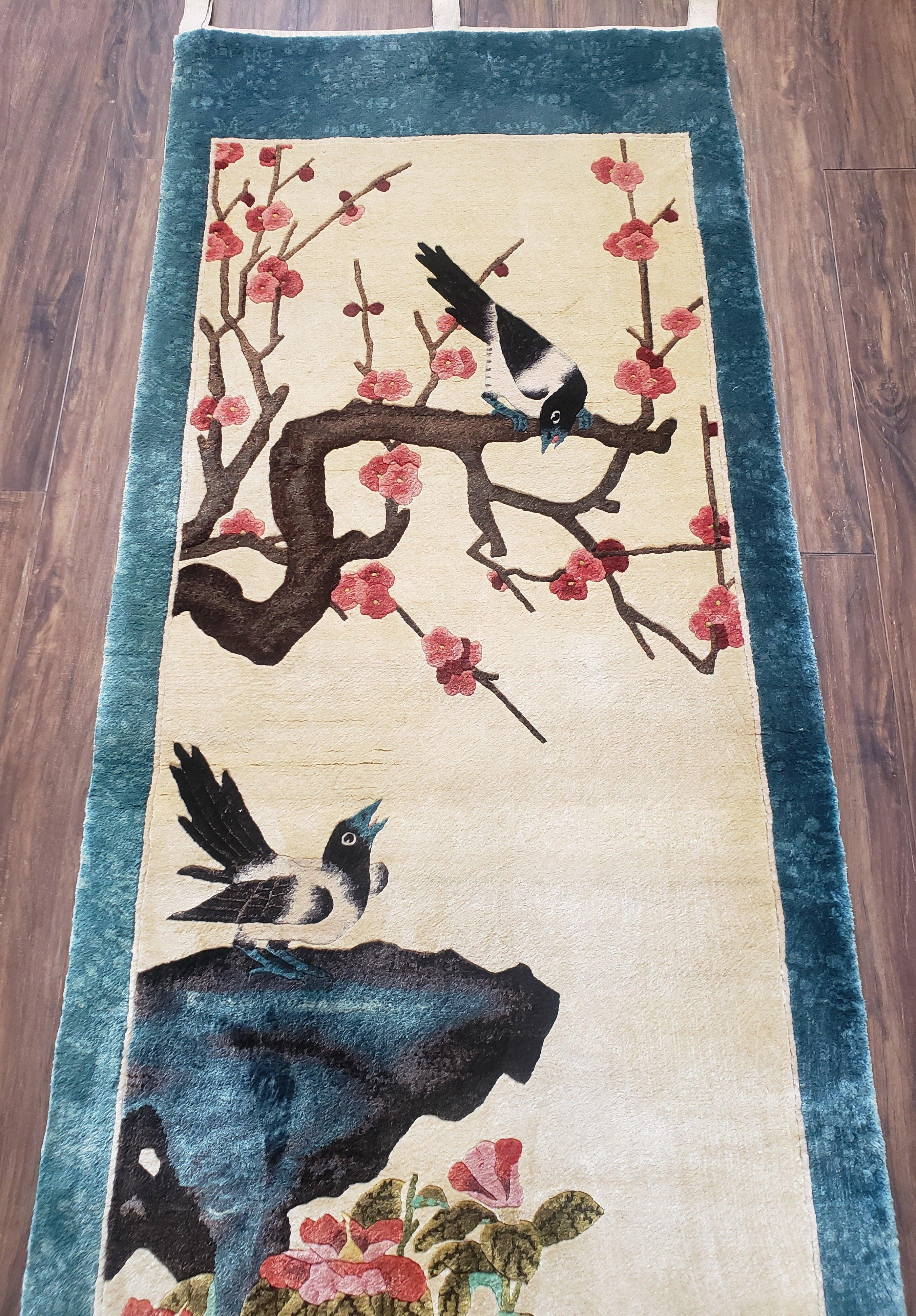 Vintage Chinese Silk Wall Hanging 2x5 Silk Hand Knotted Cream Teal Jewel Rugs