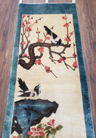 Vintage Chinese Silk Wall Hanging 2x5, Silk Hand-Knotted Cream & Teal Wall Art, Birds Tapestry Rug, Asian Oriental Tapestry Carpet, Pair B - Jewel Rugs