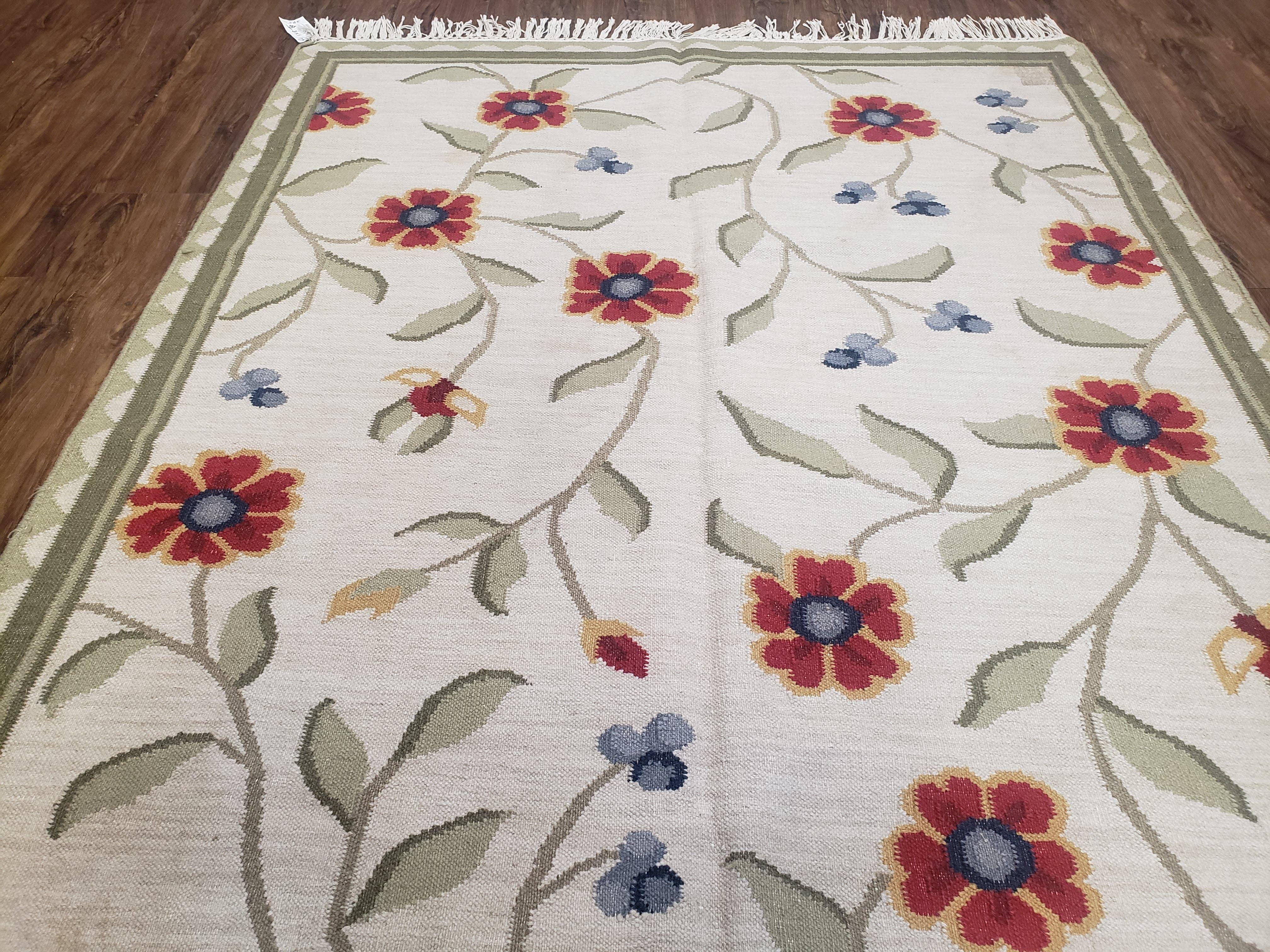 Flat Weave Rug 5x8, Indian Kilim Area Rug, Floral Handmade Hand-Woven Carpet, Ivory Wool Contemporary Indo Kilim Rug for Living Room Bedroom - Jewel Rugs