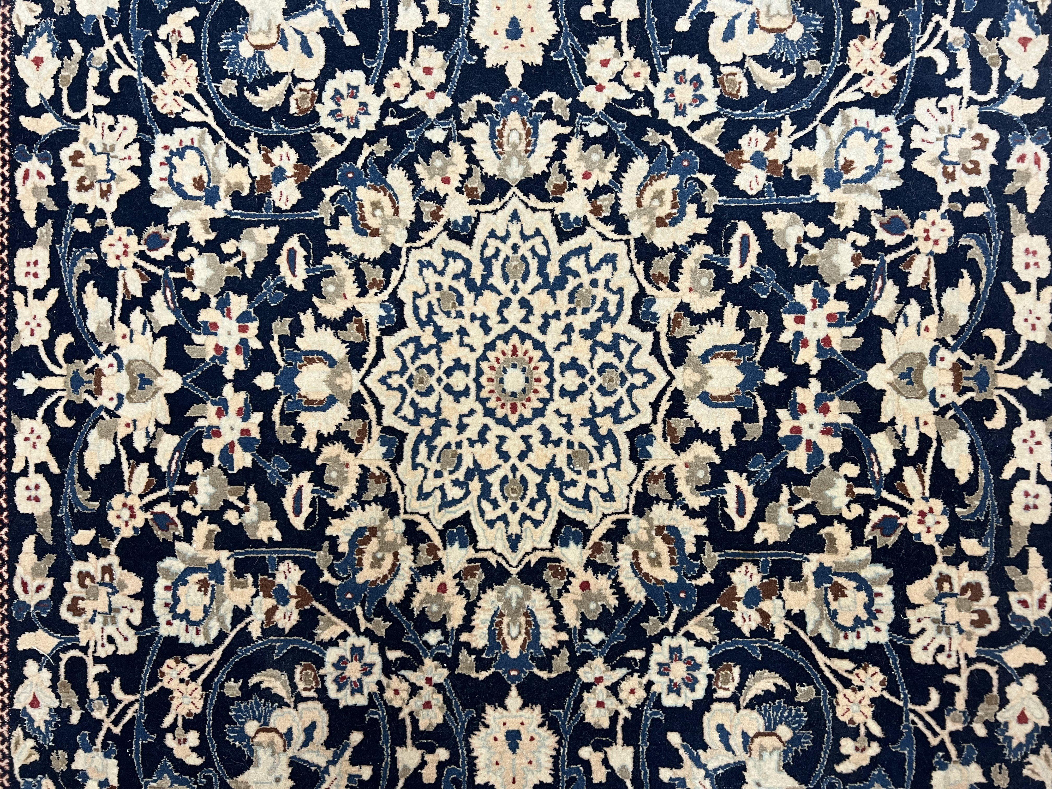 Very Fine Persian Nain Rug 3.7 x 6, Floral Medallion, Wool and Silk Accents, Highly Detailed, Hand Knotted Oriental Carpet, Navy Blue Ivory/Cream - Jewel Rugs