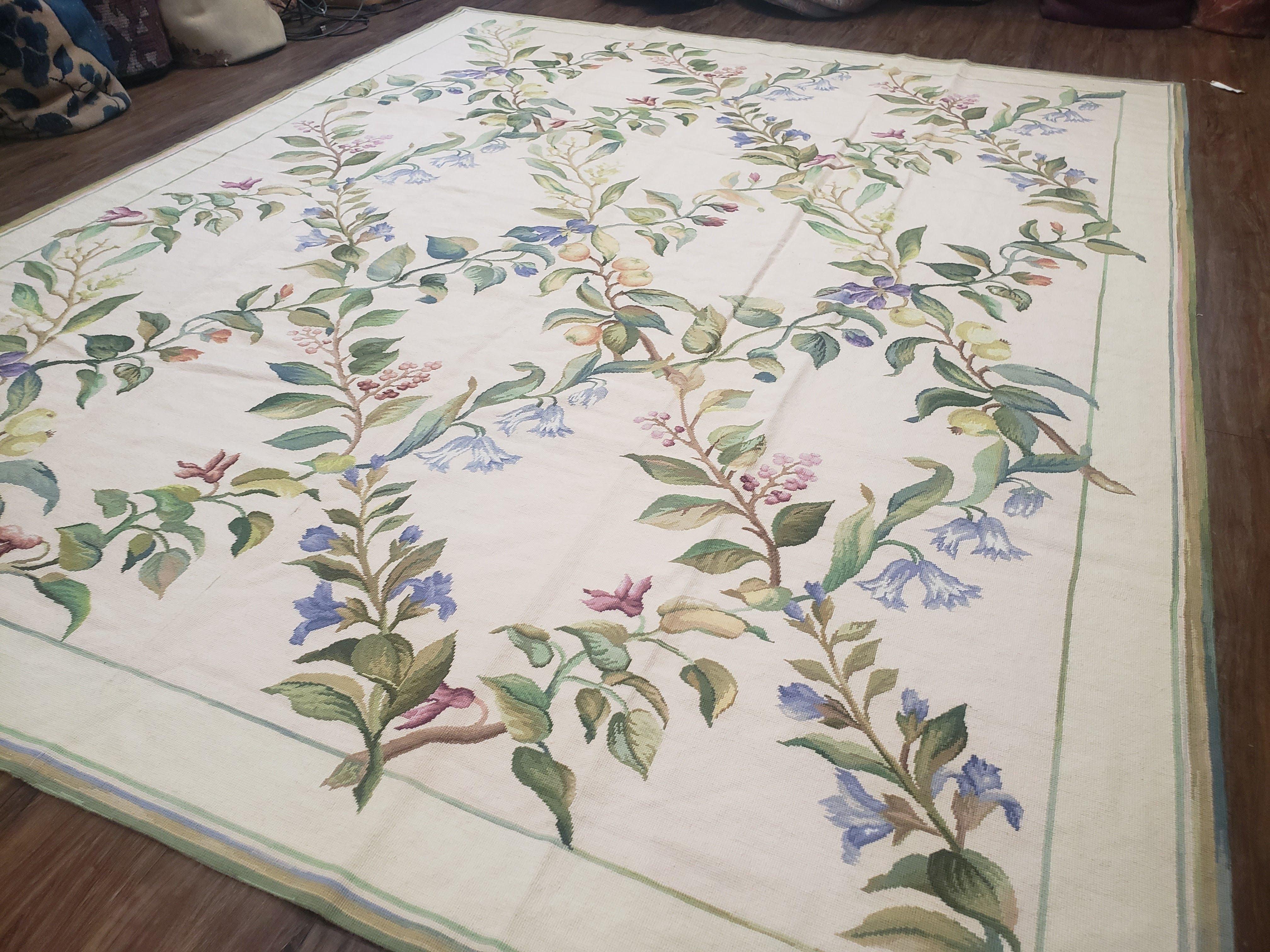 Vintage Chinese Needlepoint Area Rug 8x10, Flatweave Aubusson Carpet 8 x 10, Wool Hand-Knotted Ivory & Green Leaves Floral Aubusson Rug - Jewel Rugs