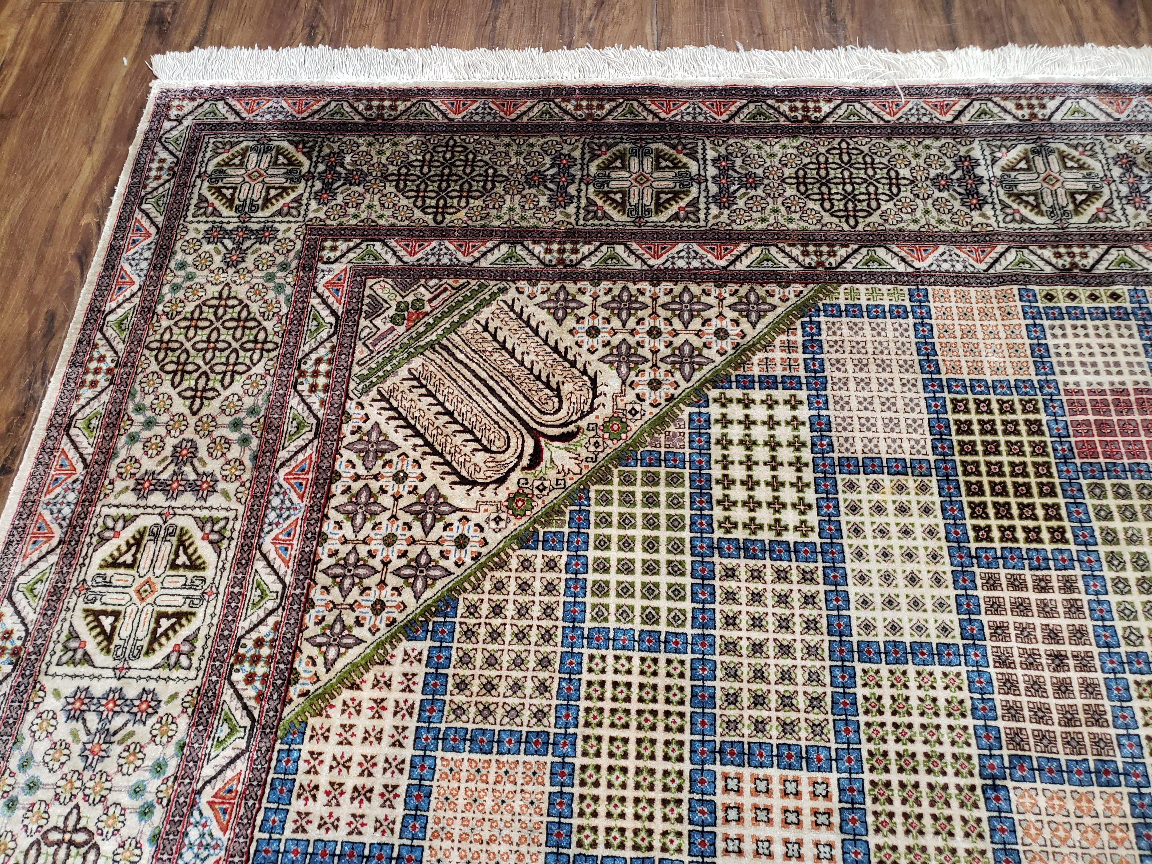 Sino Persian Silk Rug 6.4 x 9.9, Very Fine Hand Knotted Carpet, Panel Design Multicolor, Silk Pile on Silk Foundation, Handmade Vintage - Jewel Rugs