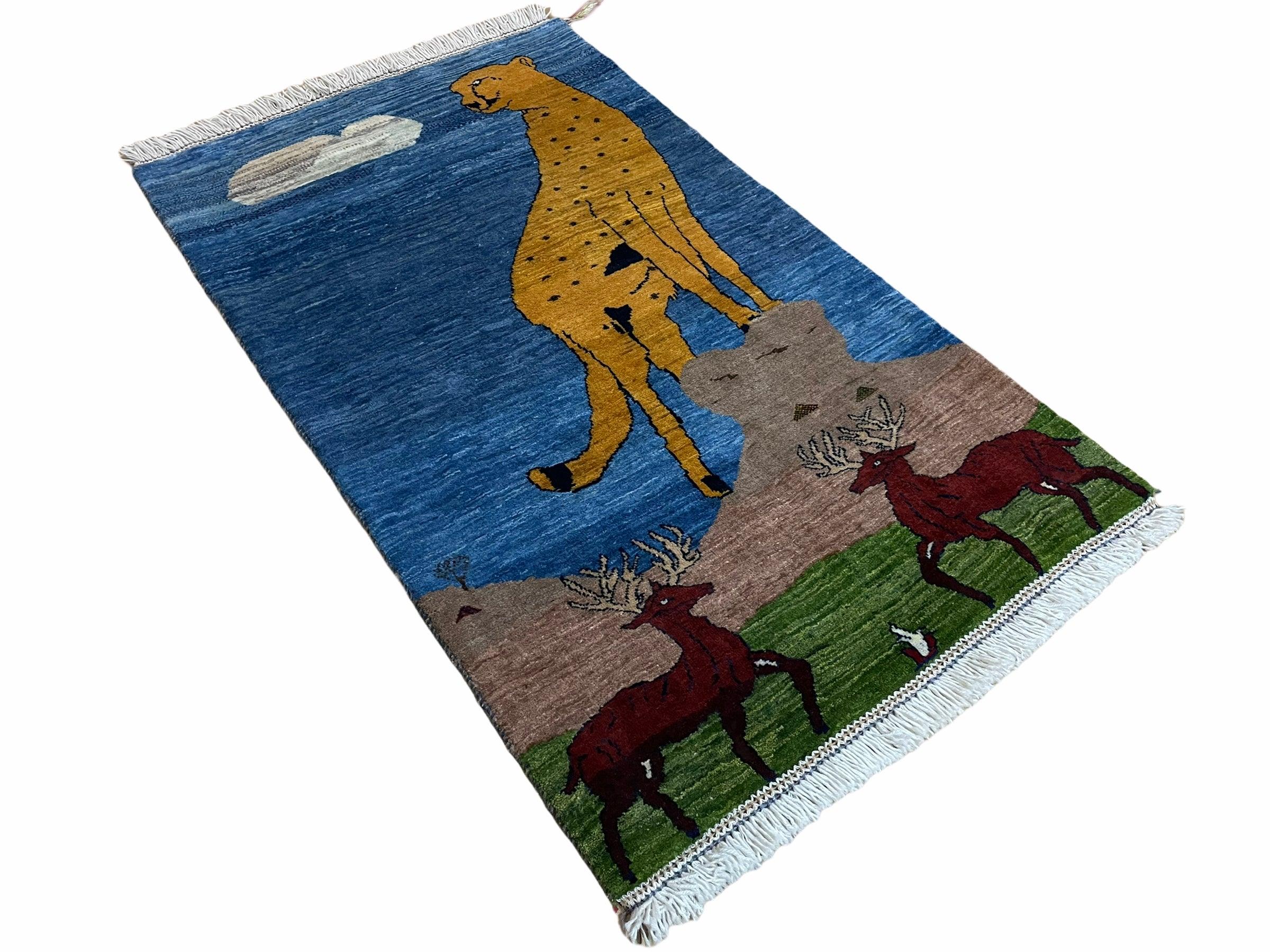 3 x 5 Handmade New Vintage Wool Blue Rug Leopard Lion Jaguar Deer Organic Dyes - Jewel Rugs