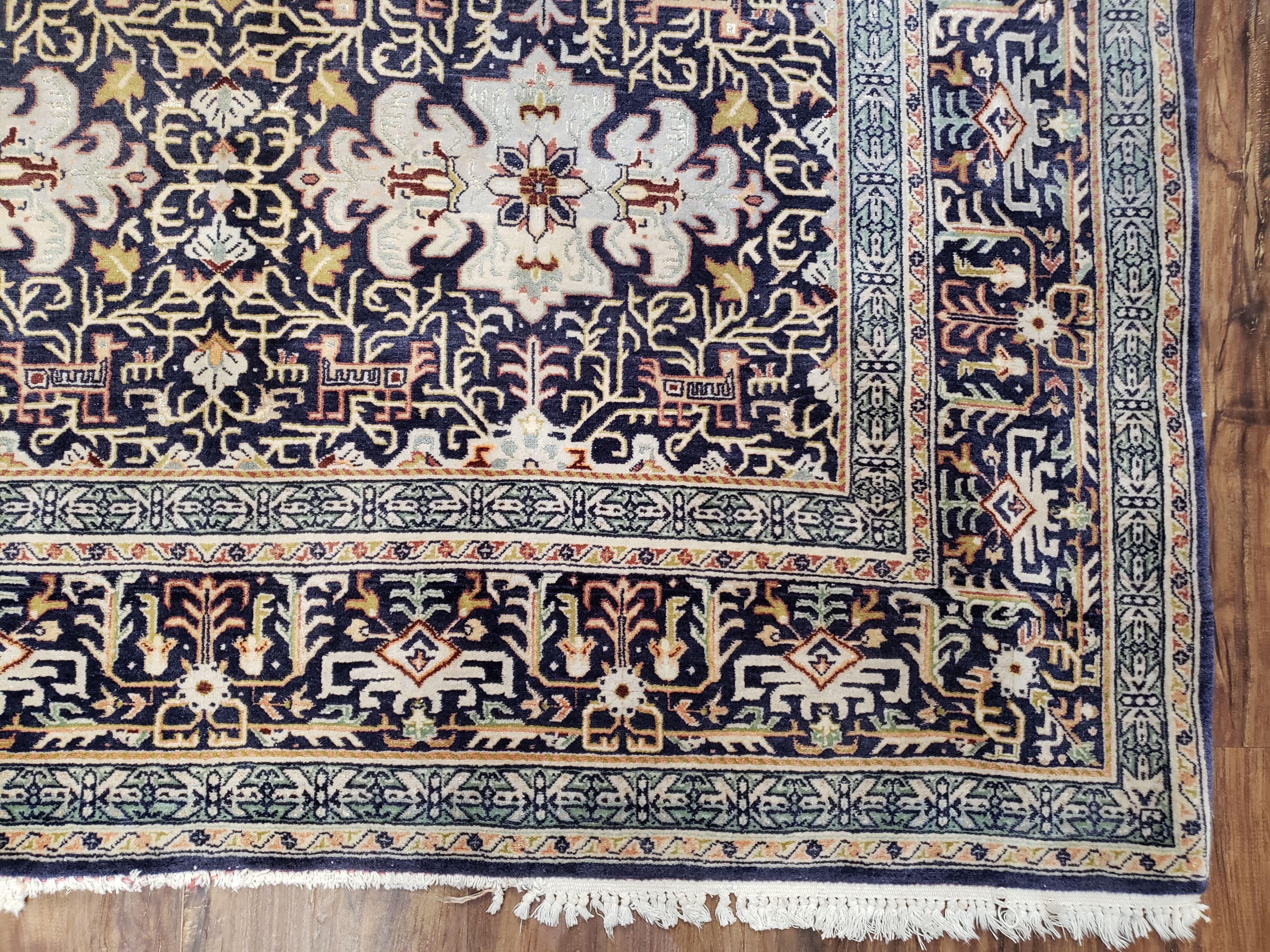 Antique Persian Kashan Rug, Midnight Blue & Ivory, Hand-Knotted, Wool, 4' 8" x 7' 4", Pair B - Jewel Rugs