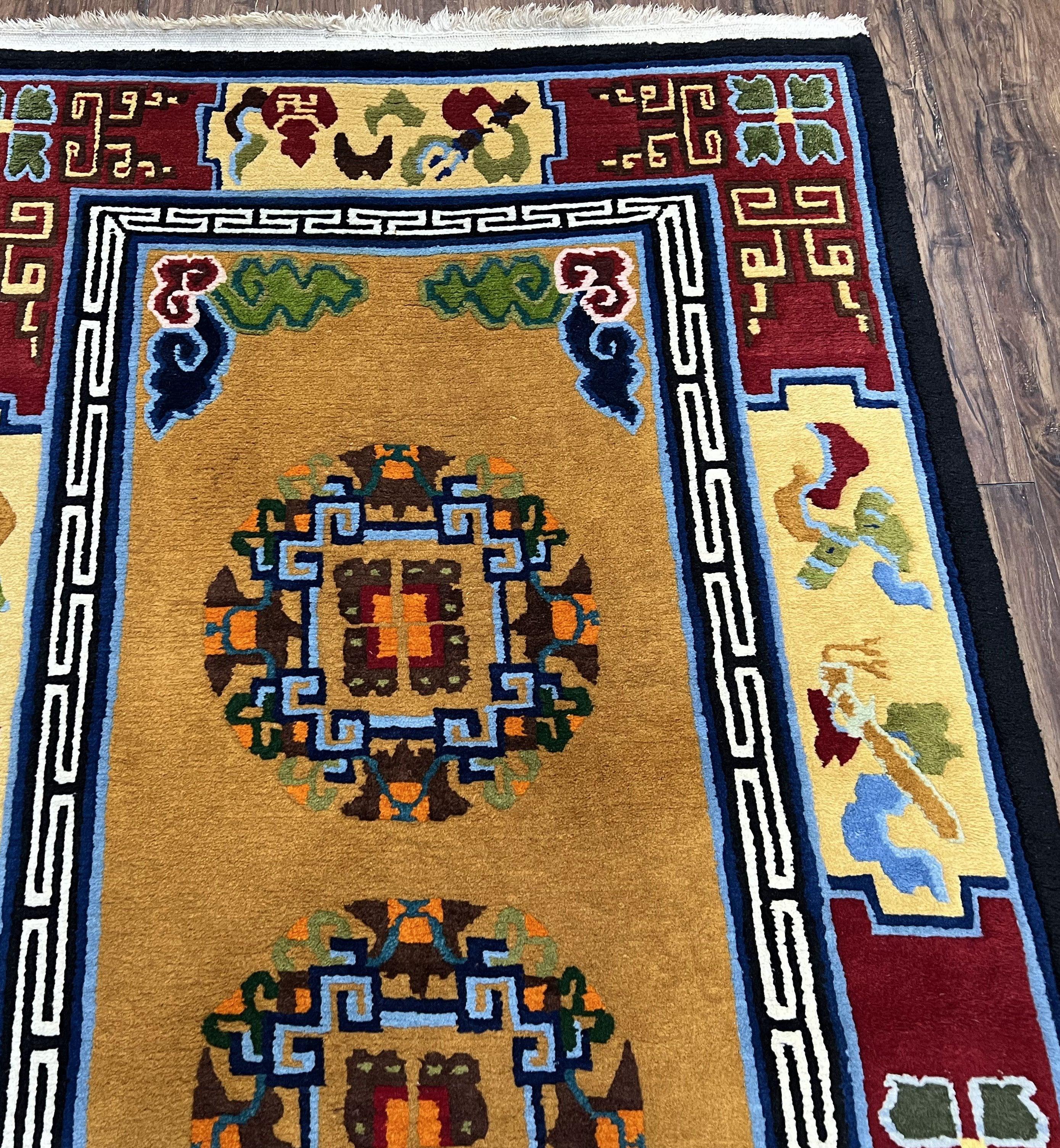 Vintage Chinese Art Deco Rug 3x6, Orange Dark Blue Maroon Chinese Peking Carpet, Asian Oriental Wool Rug, Bold Colors, Bedroom Rug, Hallway - Jewel Rugs