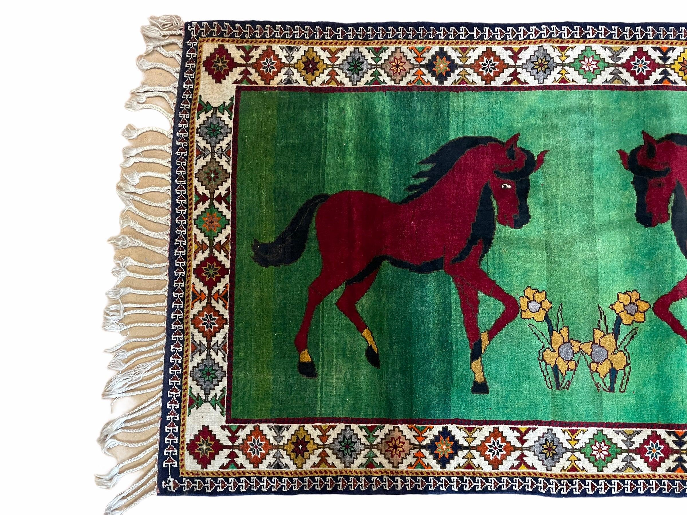 4 X 7 Handmade Rug Zagros Quality Wool Pictorial Horses Green Butterfly Colorful - Jewel Rugs