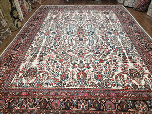 Semi Antique Persian Hamadan Dargazin Rug, Ivory Red Midnight Blue, Hand-Knotted, Wool, Allover Floral, 8'9" x 11' 9" - Jewel Rugs
