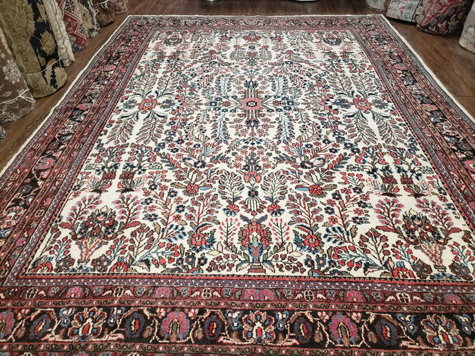 Semi Antique Persian Hamadan Dargazin Rug, Ivory Red Midnight Blue, Hand-Knotted, Wool, Allover Floral, 8'9