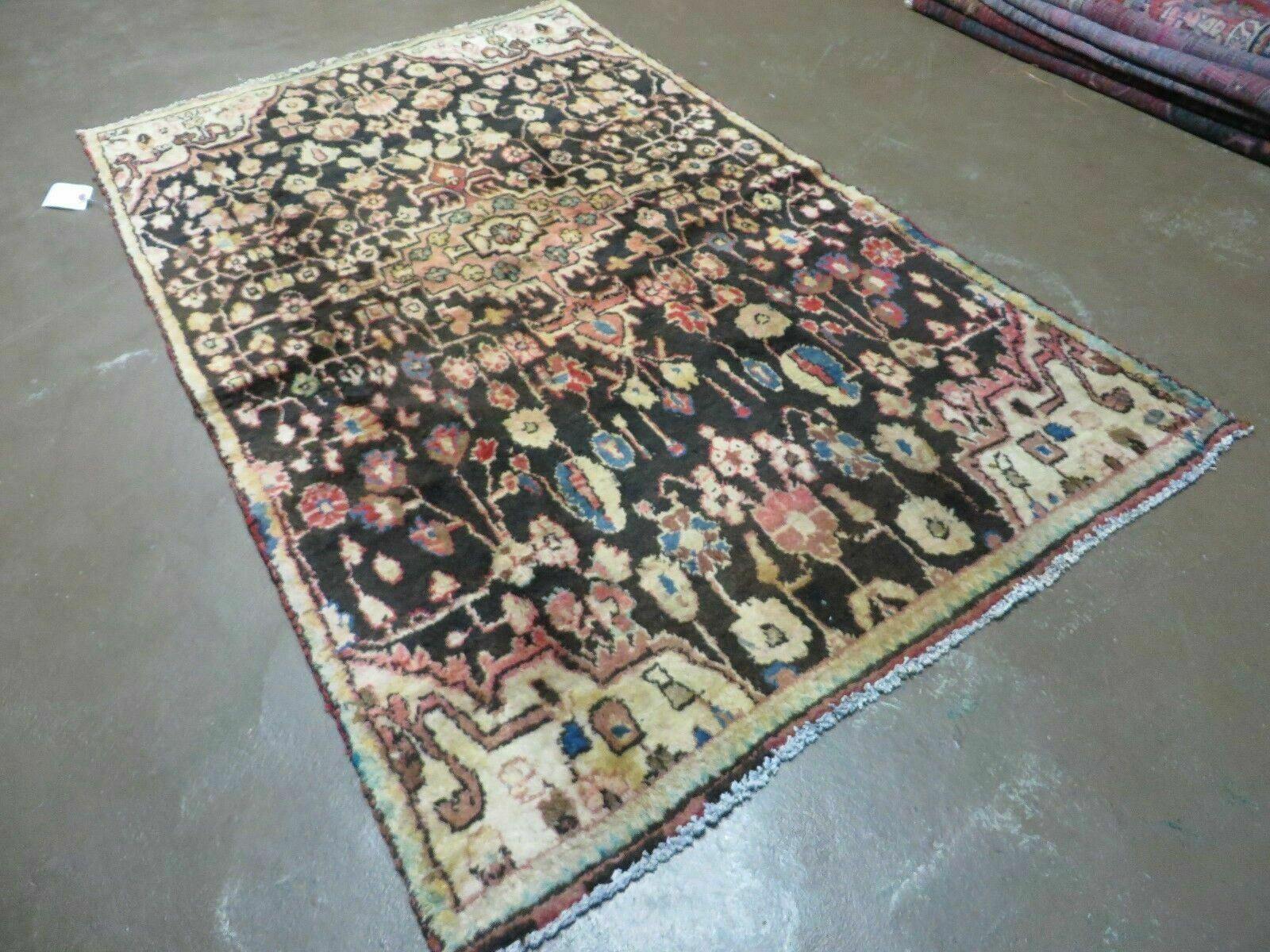 4' X 6' Antique Handmade India Floral Oriental Wool Veg Dye Dark Brown Rug Nice - Jewel Rugs