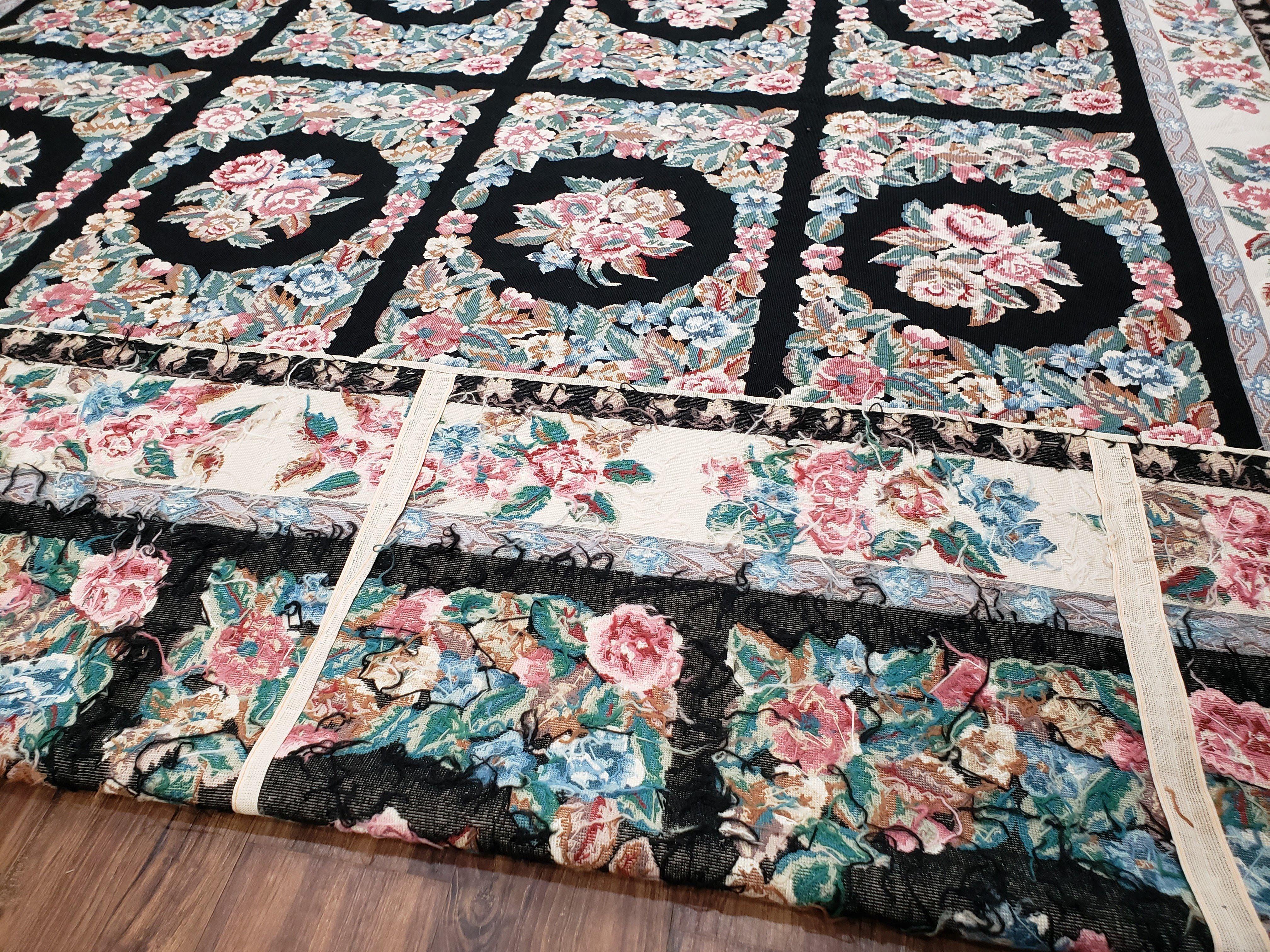 Floral Needlepoint Rug 9.5 x 13.6, Floral Panel Design, Black and Ivory Flatweave Aubusson Carpet, Multicolor - Jewel Rugs