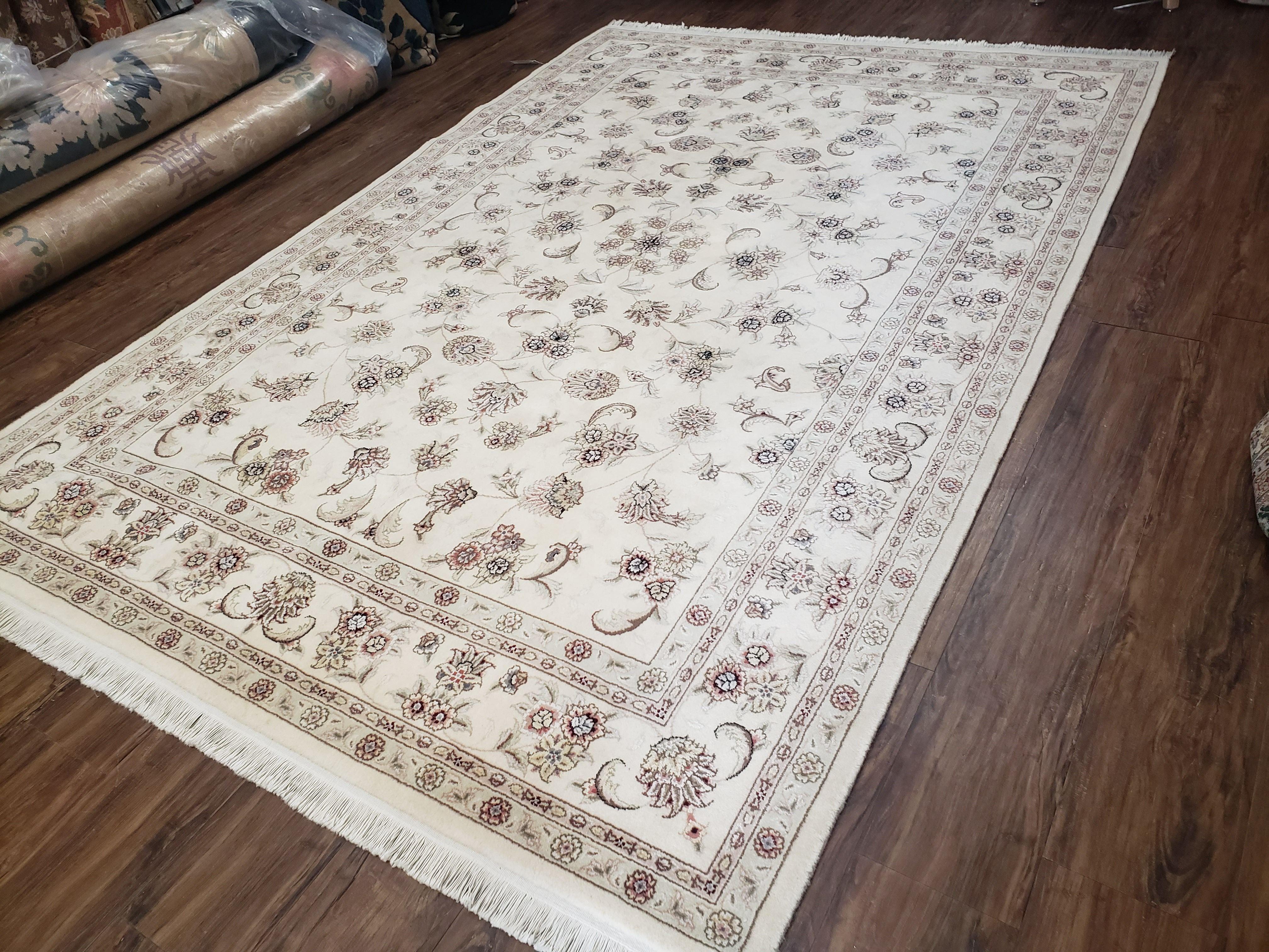 6x9 Wool & Silk Rug, 6 x 9 Ivory Rug, 6 by 9 Beige/Cream Rug, Handmade Floral Rug, Entryway Rug, Nice Foyer Rug, 9x6 Oriental Rug - Jewel Rugs