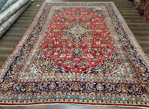 Persian Kashan Rug 9x12, Red Navy Blue, Allover Floral Medallion & Corner Design, Handmade Wool Oriental Carpet, Semi Antique Traditional Carpet - Jewel Rugs