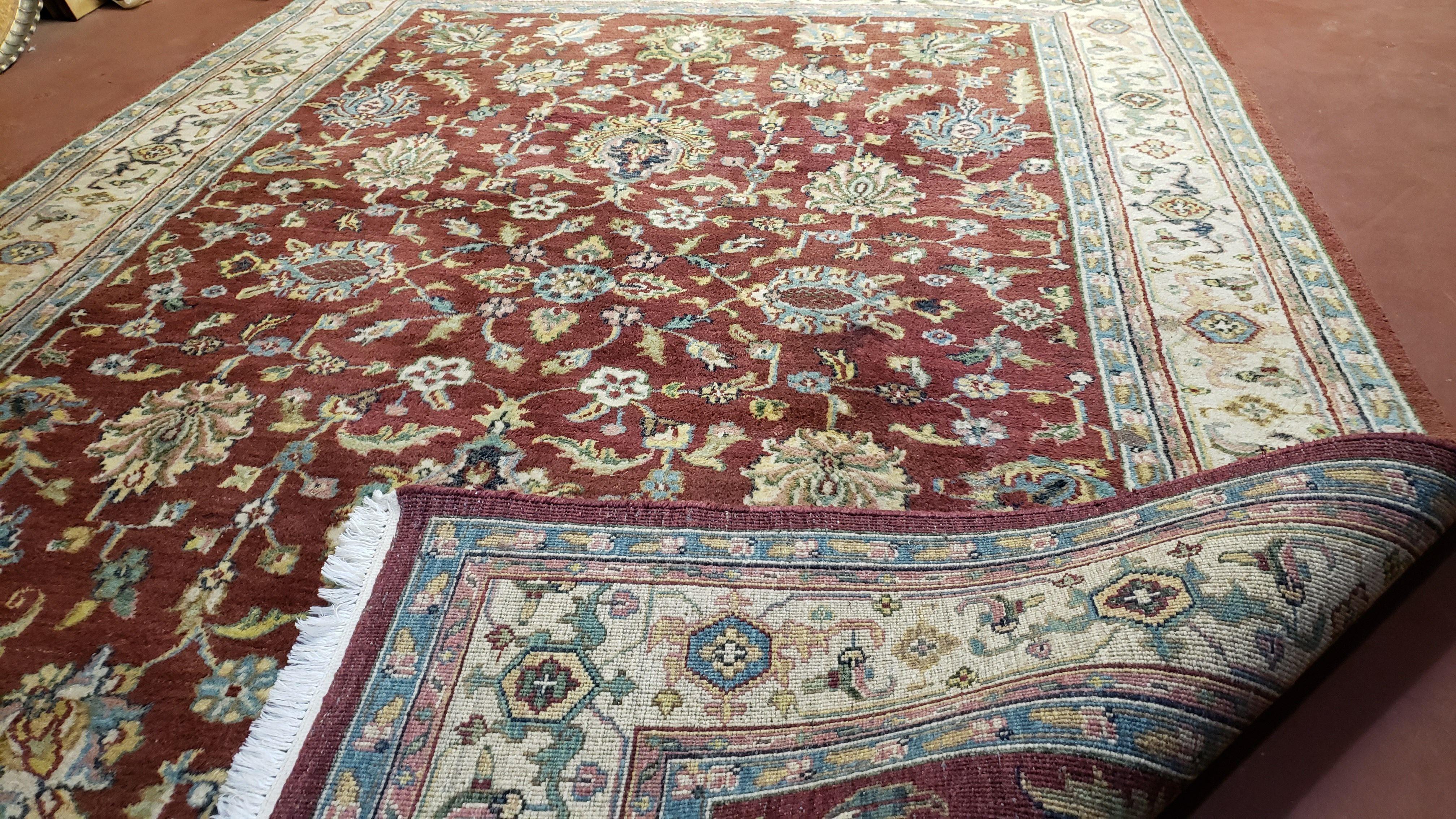 8x12 Indo-Mahal Rug, Floral Allover, Red & Beige, Wool Vintage Handmade Traditional Carpet - Jewel Rugs