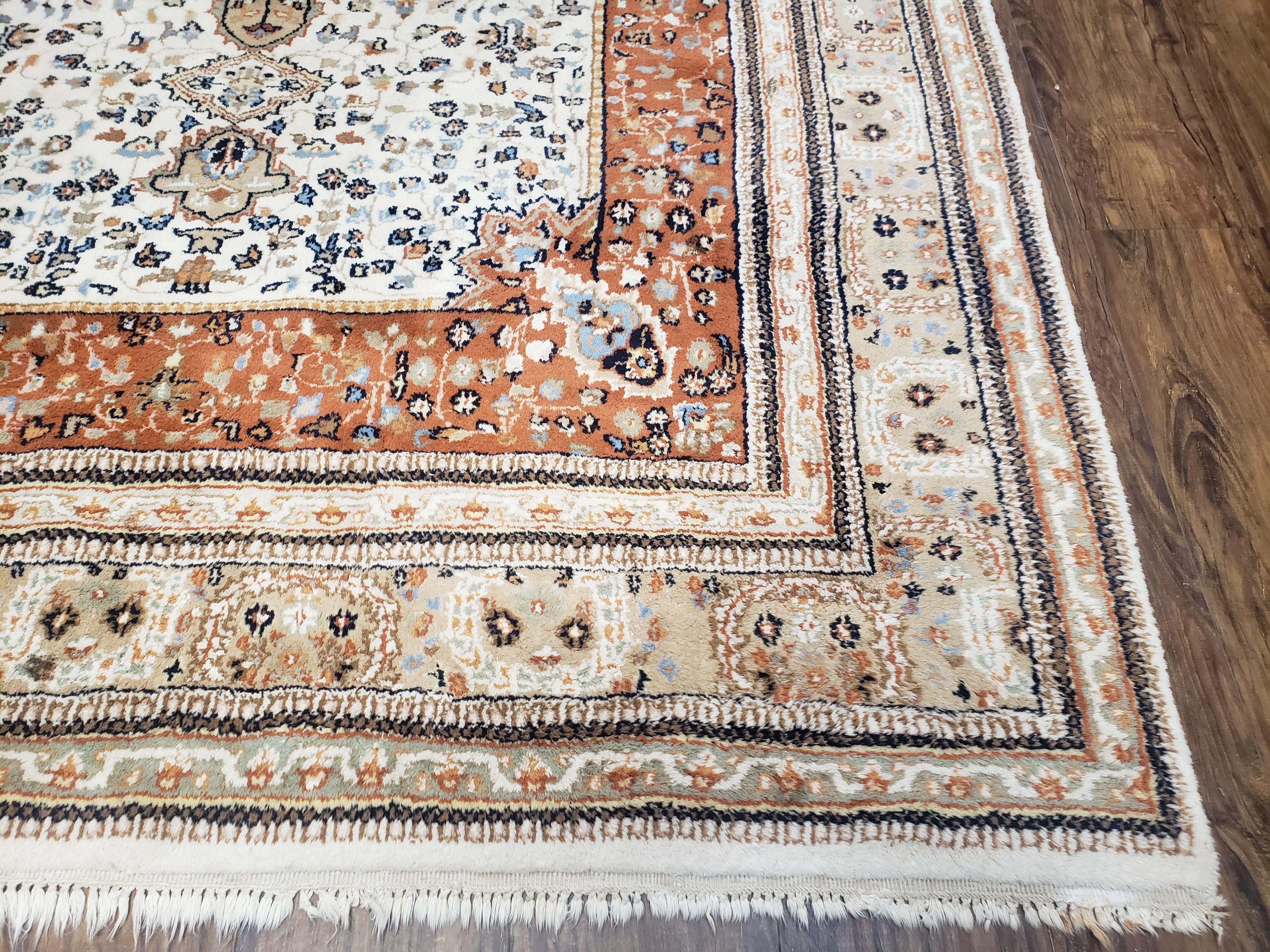 6x9 Vintage Indo-Persian Area Rug, Wool Hand-Knotted Carpet, Ivory & Squash Orange, Floral Medallion Tribal Rug, Indian Carpet, Decorative - Jewel Rugs