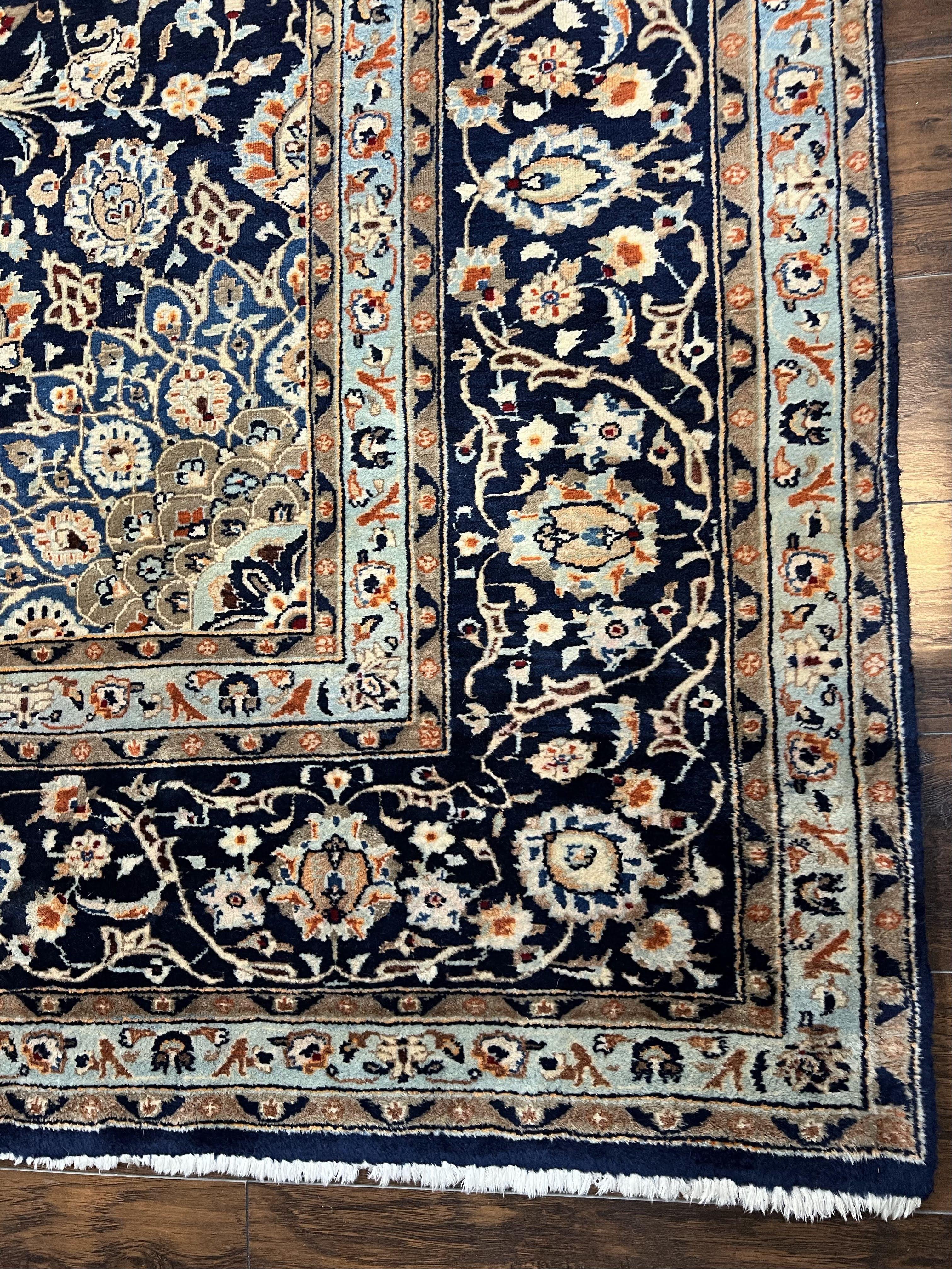 Wonderful Persian Kashan Rug 10x13, Navy Blue Light Blue Tan, Hand Knotted Wool Oriental Carpet Floral Allover Medallion 1950s Semi Antique Vintage - Jewel Rugs