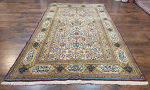 Stunning Persian Qum Rug 5x9, Poetic Writing In Borders, Highly Detailed Handmade Antique Carpet 5'3" x 8'6", Cream Gold Blue, Kork Wool - Jewel Rugs
