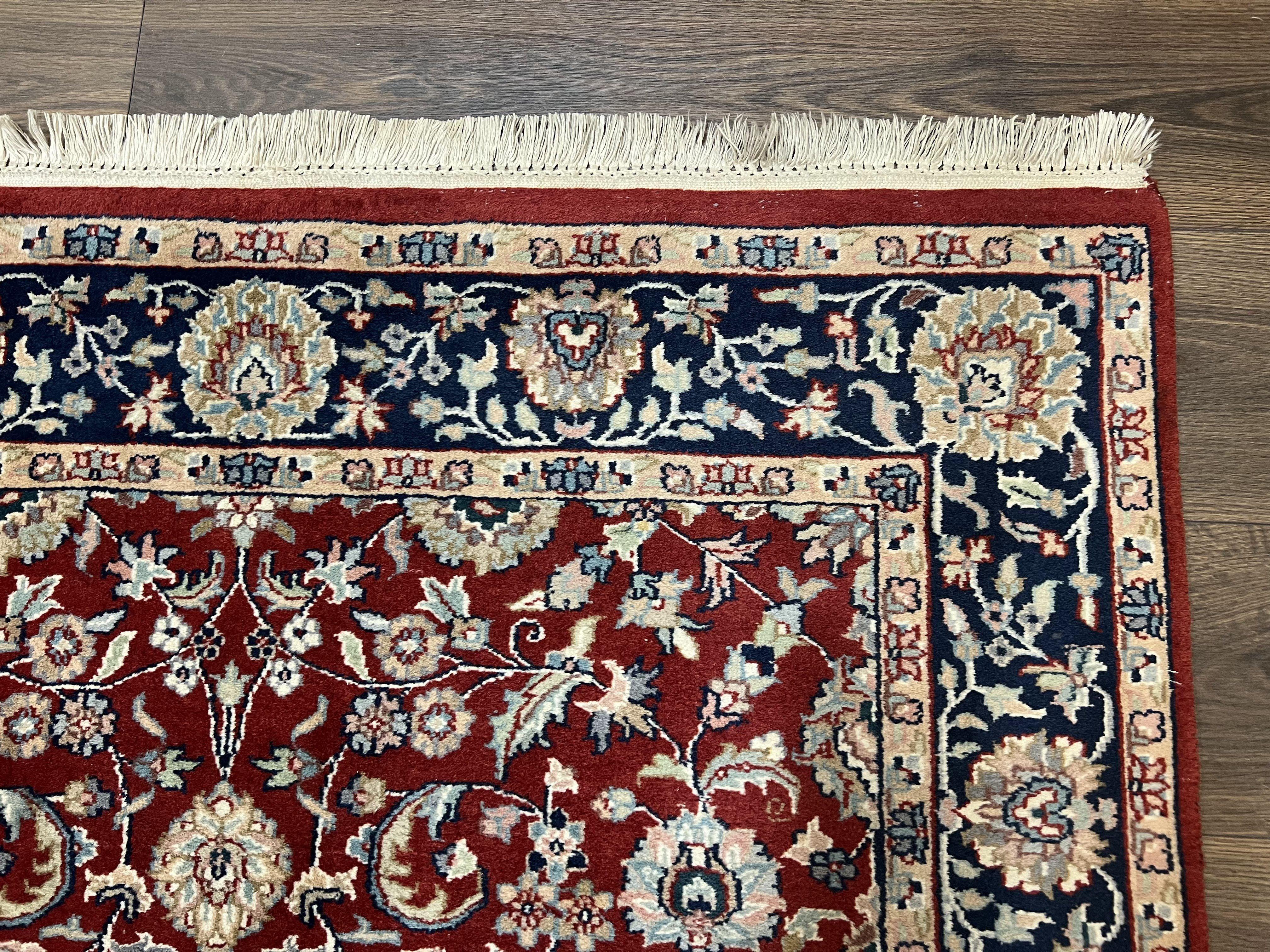 Vintage Indo Persian Runner Rug 4x10, Wool Hand-Knotted Oriental Carpet, Red Dark Blue Indian Rug, Allover Floral, Hallway Rug, Traditional - Jewel Rugs