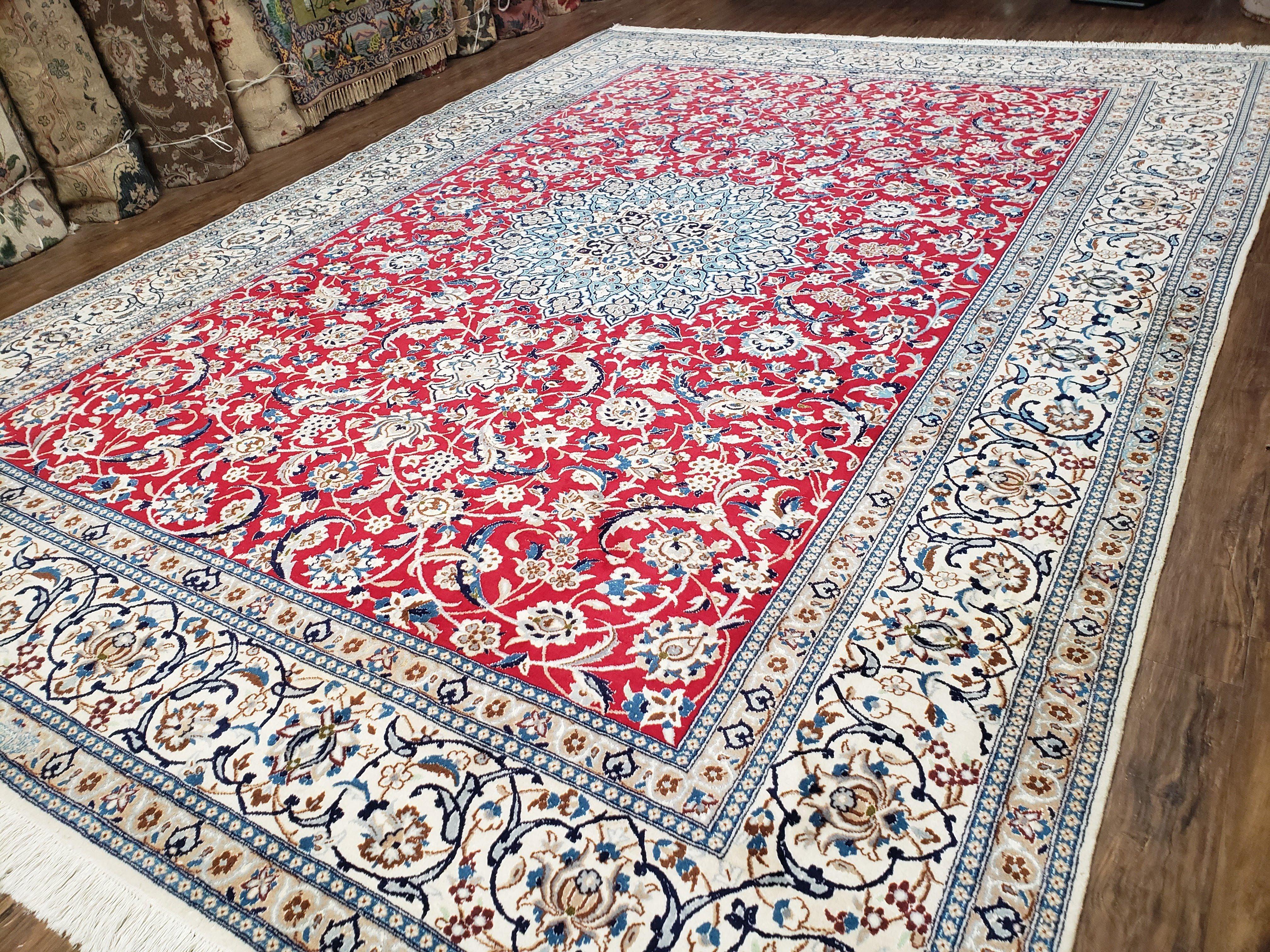 Persian Nain Rug, Lachak Toranj Design, Wool with Silk Highlights, Red Ivory and Light Blue, Hand-Knotted, 8'3" x 11'9" - Jewel Rugs