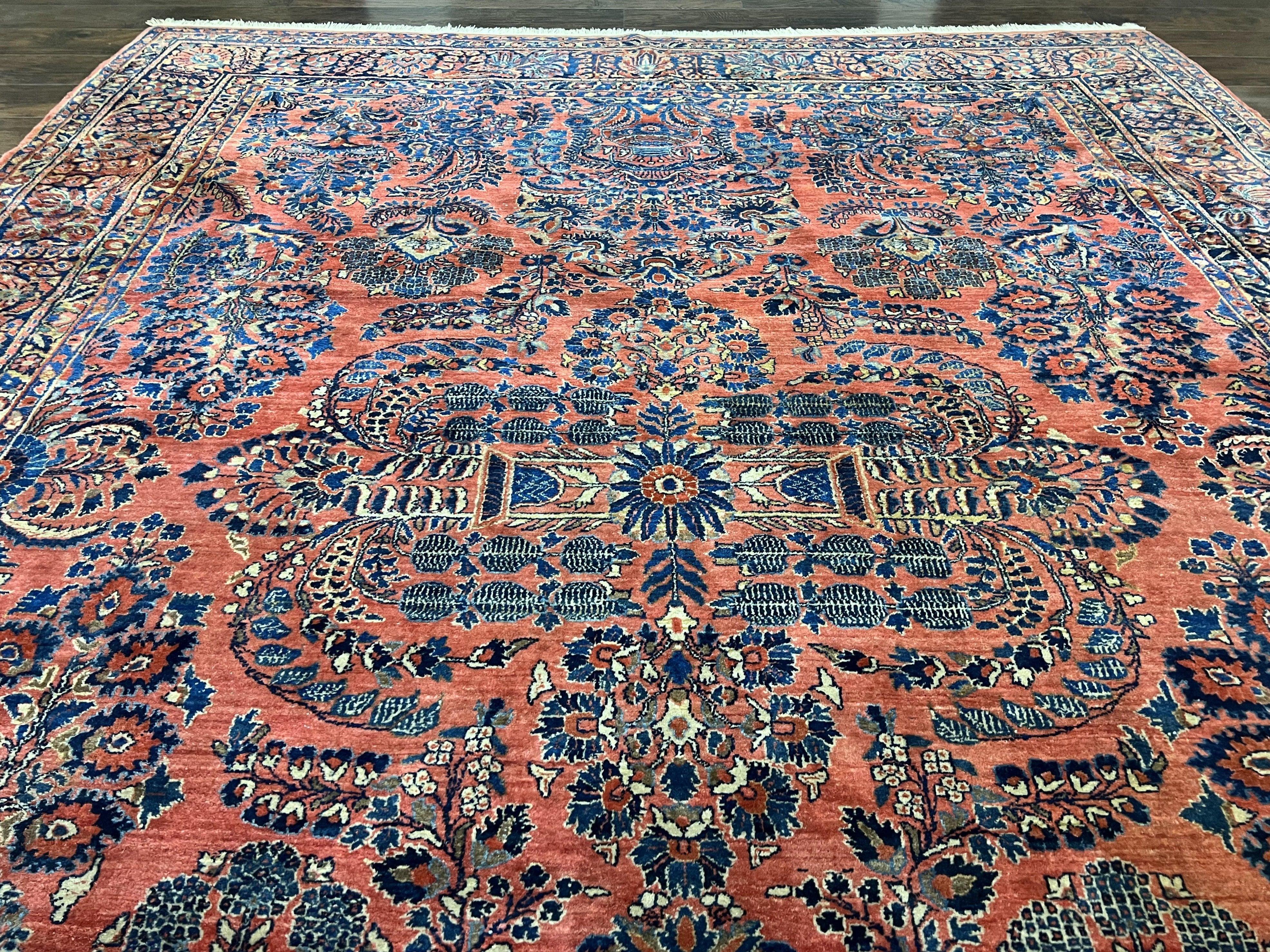 1920s Antique Persian Rug 9x12, Red Blue Hand Knotted, Allover Floral Pattern, High Quality, Room Sized Oriental Carpet, Wool, Collectible - Jewel Rugs