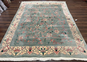 Chinese Wool Rug 8x10, Vintage 1960s Asian Oriental Carpet, Allover Floral, Handmade 120 Line Rug, Gray-Teal Cream, Art Deco Rug, Room Sized - Jewel Rugs