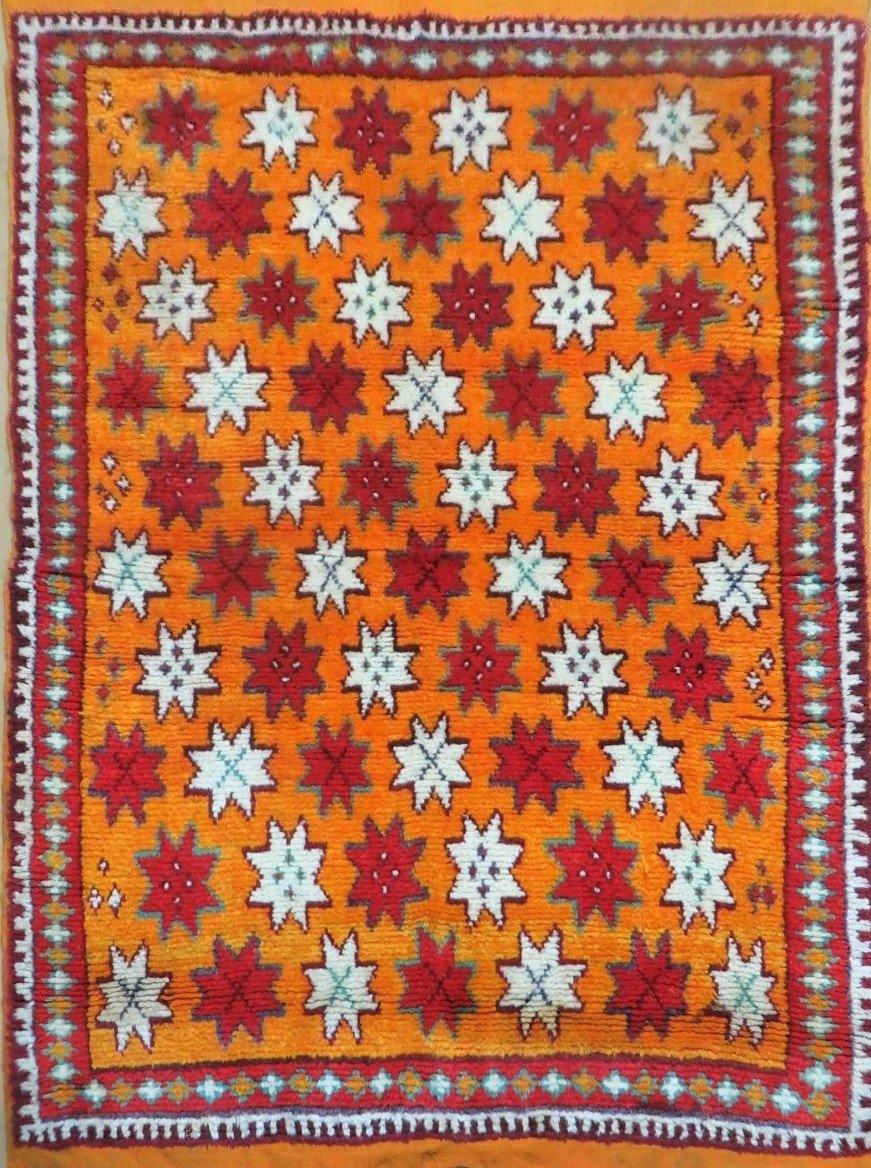 Vintage Moroccan Rug 4x5, Orange Ivory Red, Geometric Stars, Repeated Motif Allover, Hand Knotted Soft Wool Area Rug, Tribal Oriental Carpet - Jewel Rugs